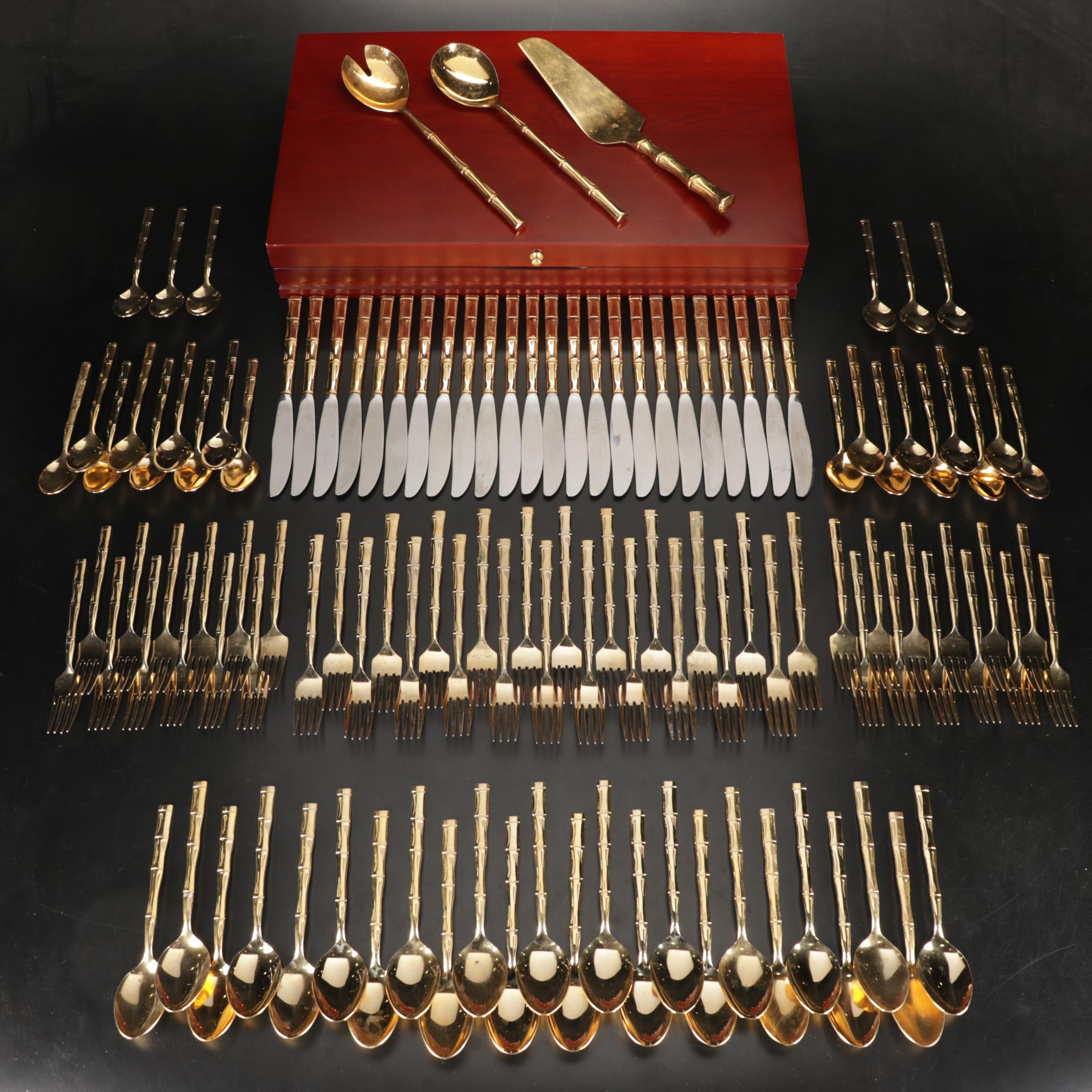 Japanese Bamboo Patern Gold Plated Flatware Set in Box with Towle Salad Set