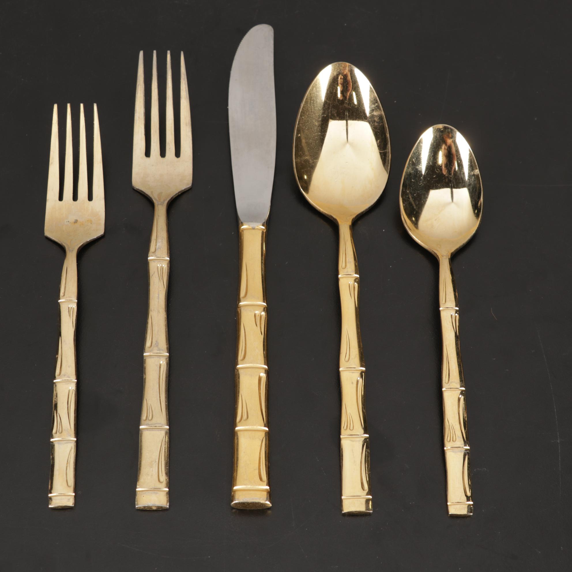 Japanese Bamboo Patern Gold Plated Flatware Set in Box with Towle Salad Set