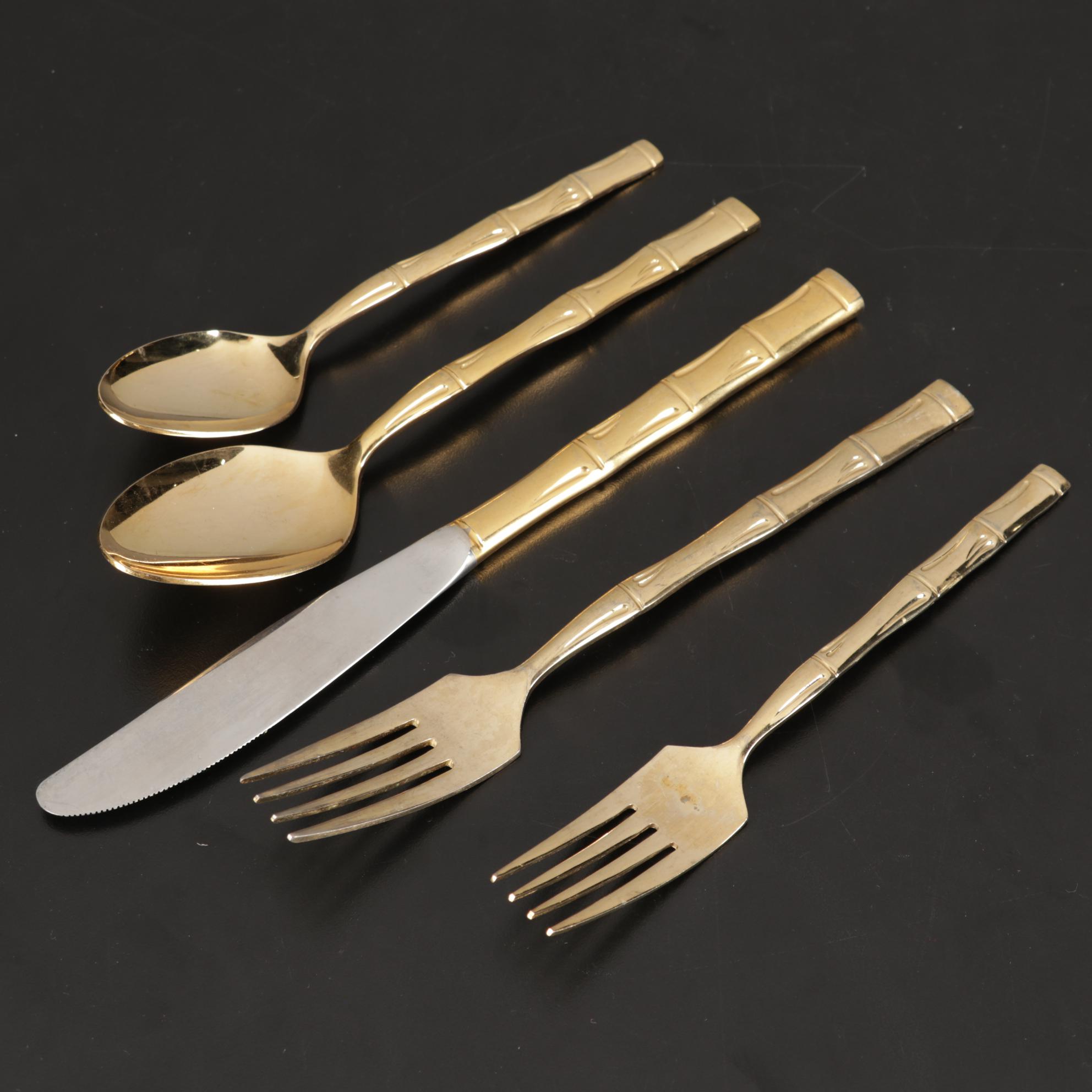 Japanese Bamboo Patern Gold Plated Flatware Set in Box with Towle Salad Set