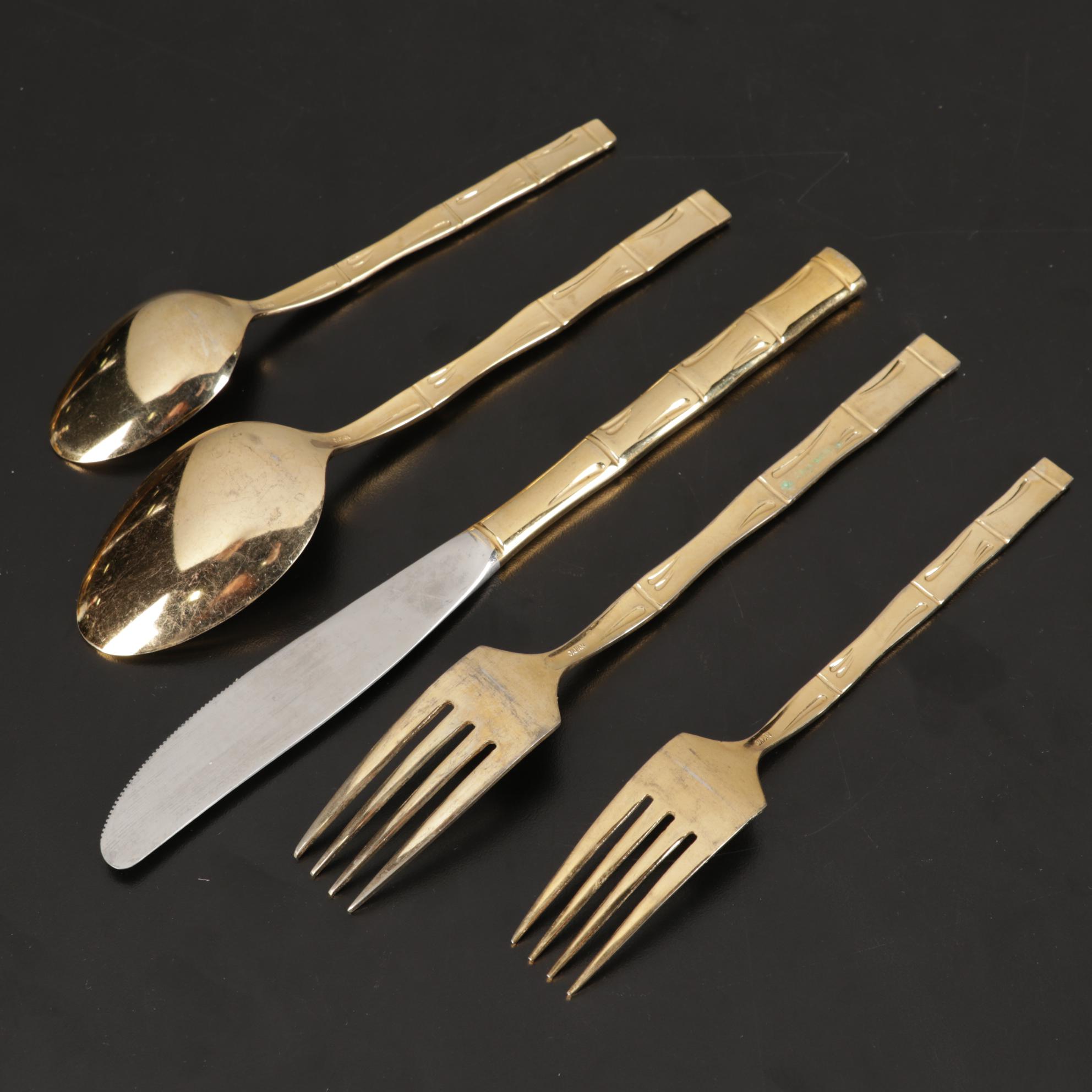 Japanese Bamboo Patern Gold Plated Flatware Set in Box with Towle Salad Set