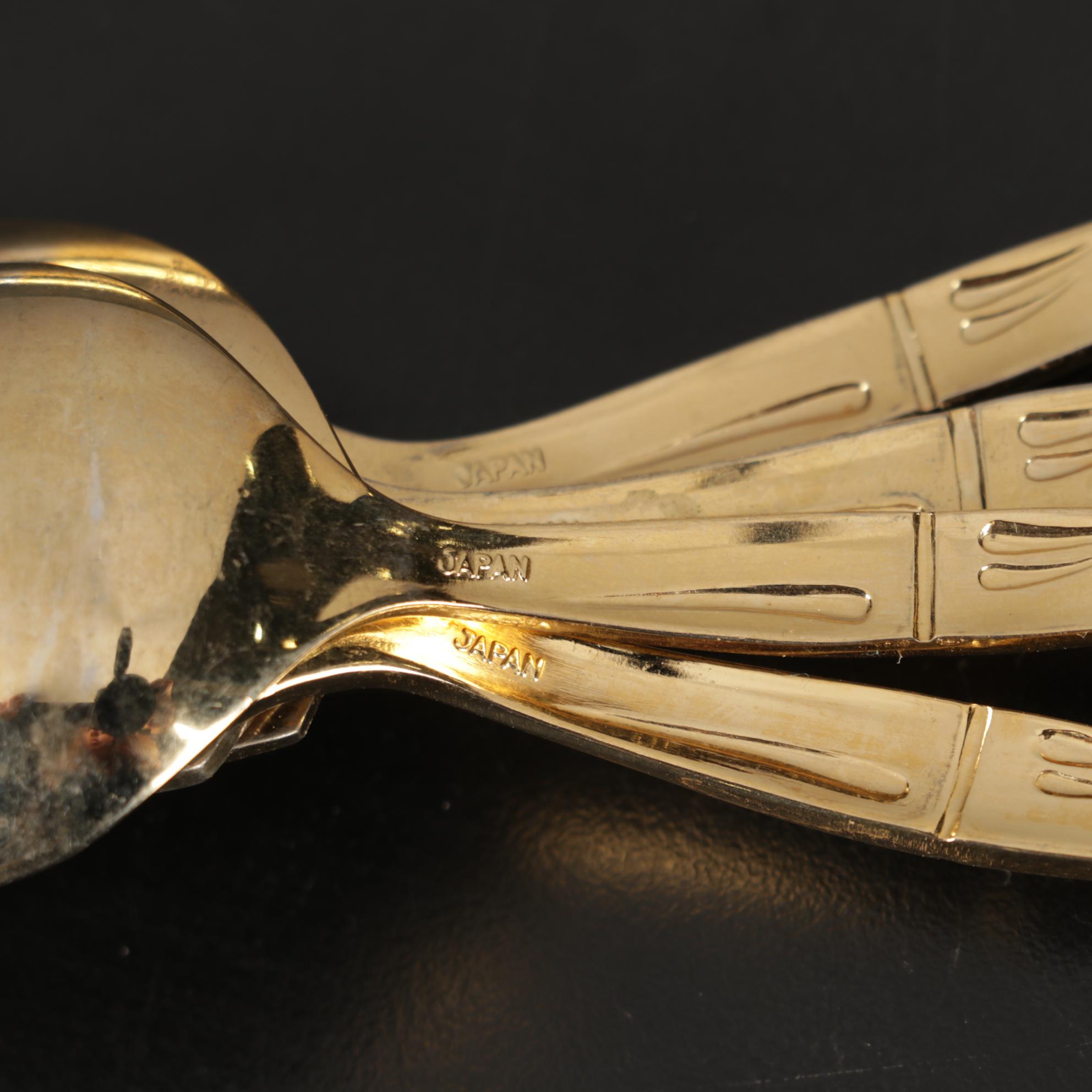 Japanese Bamboo Patern Gold Plated Flatware Set in Box with Towle Salad Set