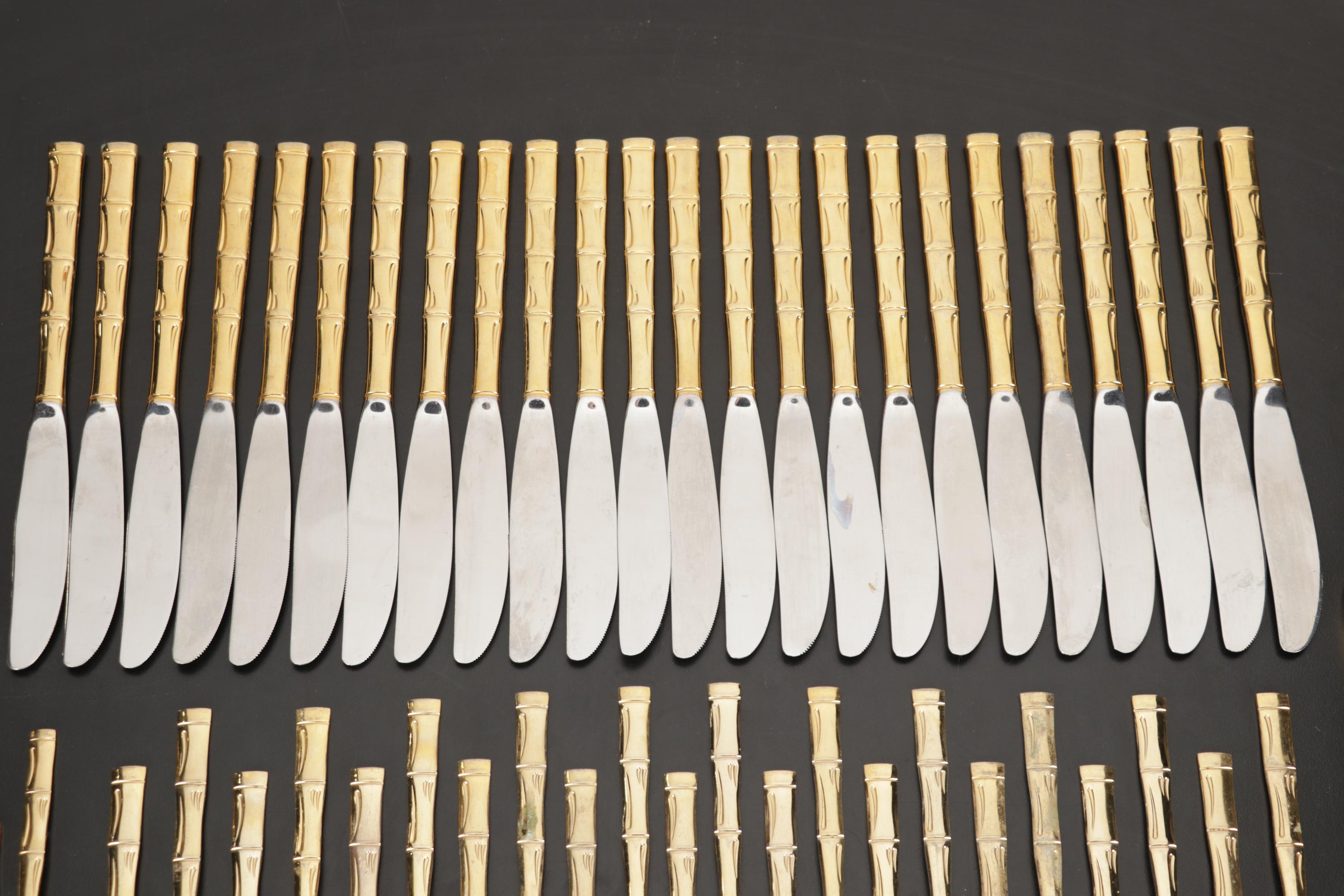 Japanese Bamboo Patern Gold Plated Flatware Set in Box with Towle Salad Set