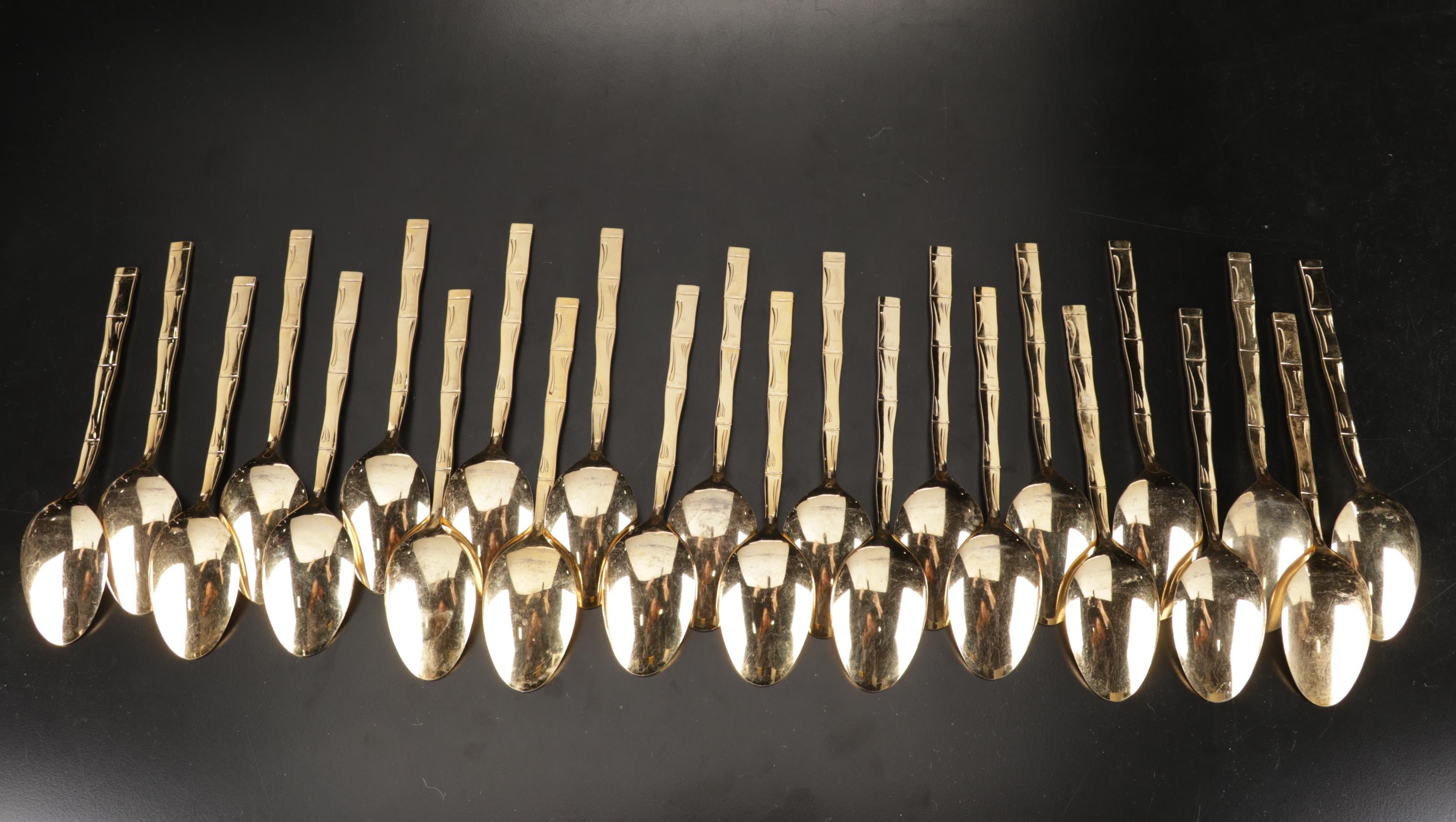 Japanese Bamboo Patern Gold Plated Flatware Set in Box with Towle Salad Set