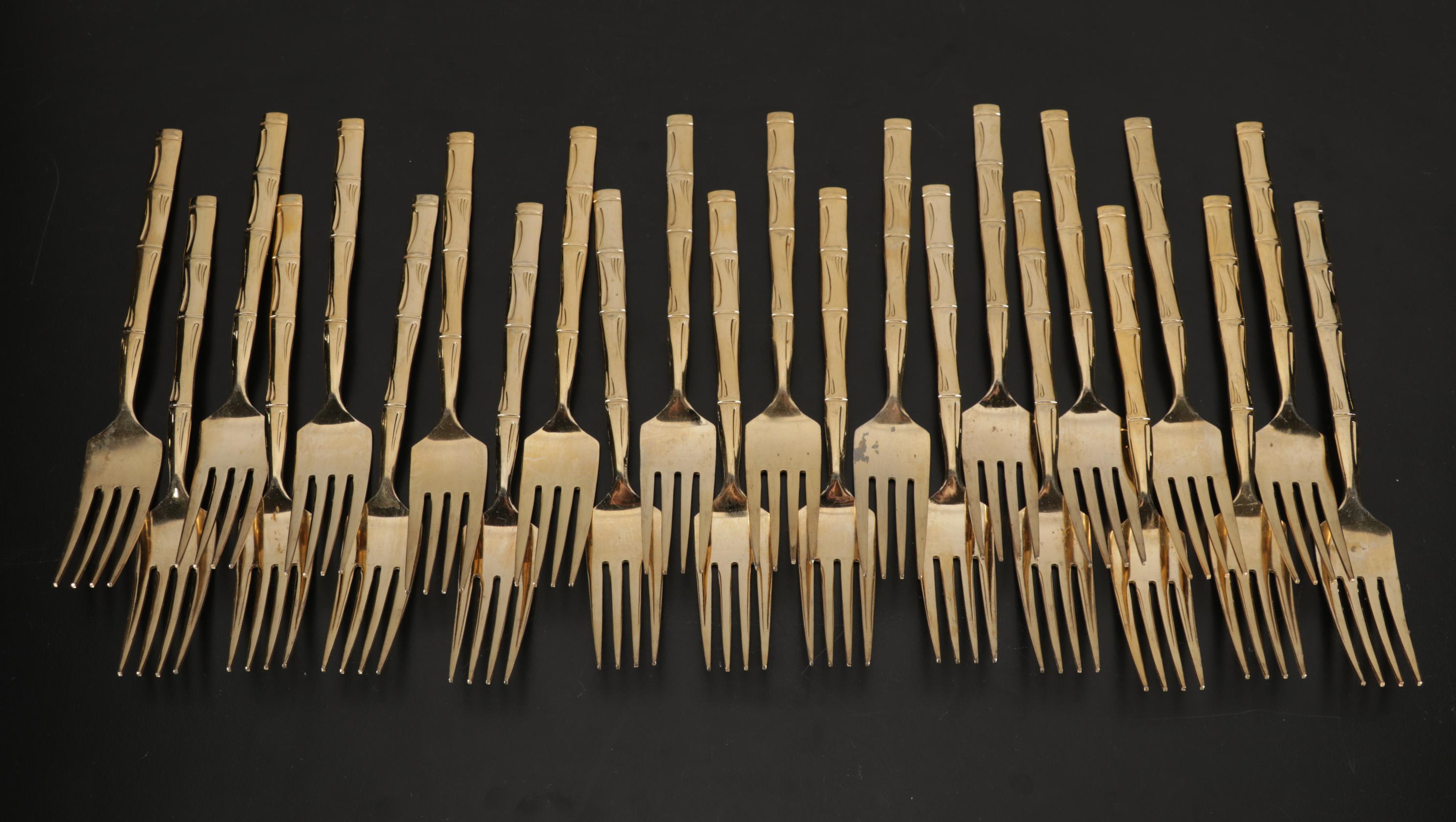 Japanese Bamboo Patern Gold Plated Flatware Set in Box with Towle Salad Set