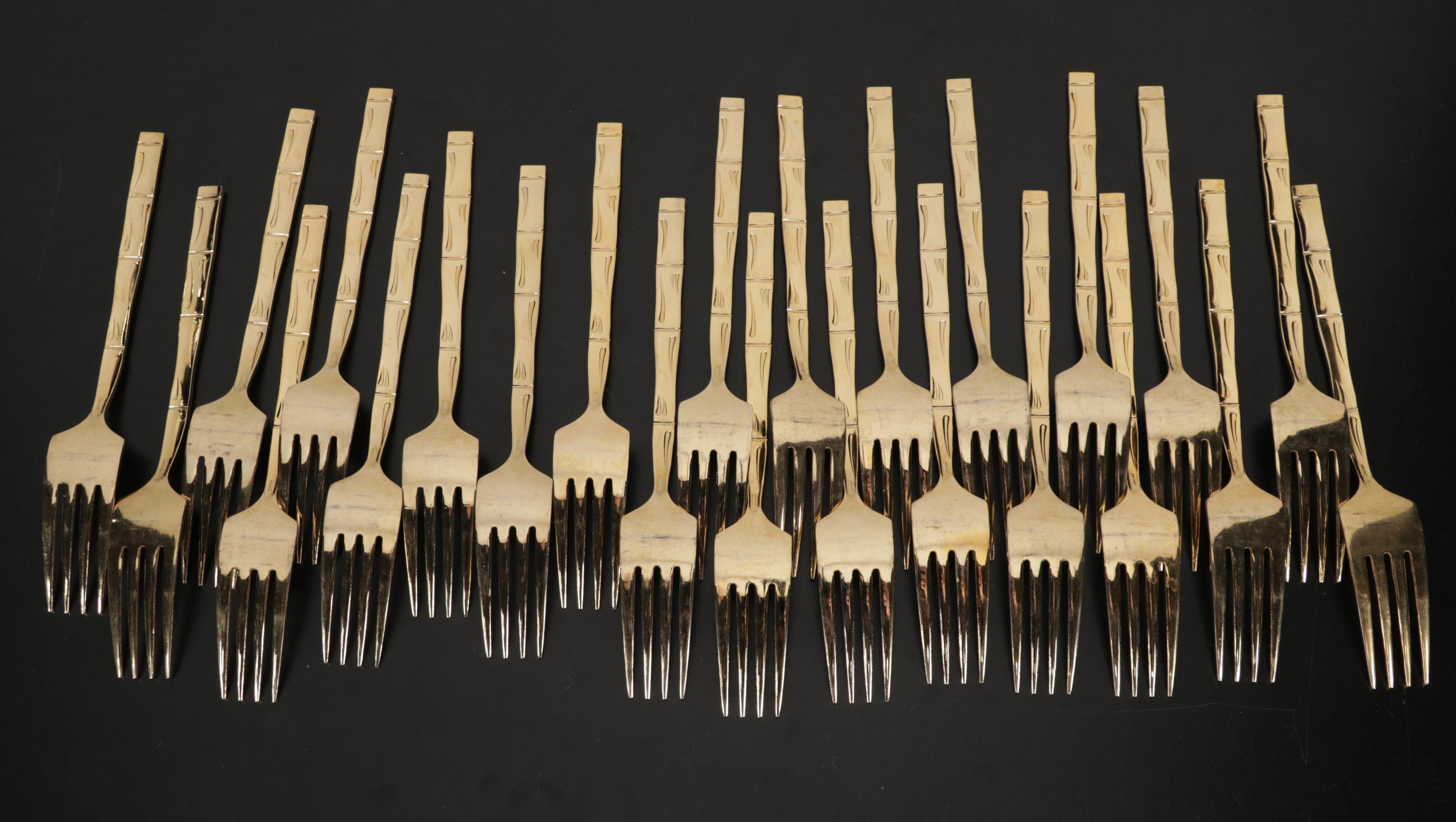 Japanese Bamboo Patern Gold Plated Flatware Set in Box with Towle Salad Set