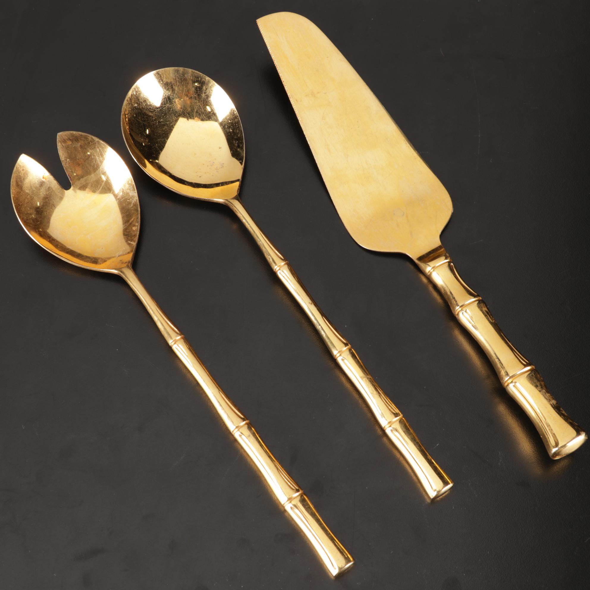 Japanese Bamboo Patern Gold Plated Flatware Set in Box with Towle Salad Set