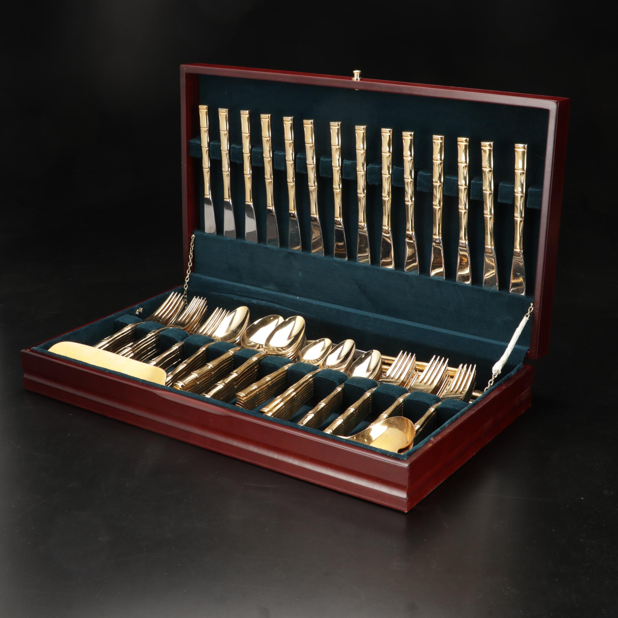 Japanese Bamboo Patern Gold Plated Flatware Set in Box with Towle Salad Set