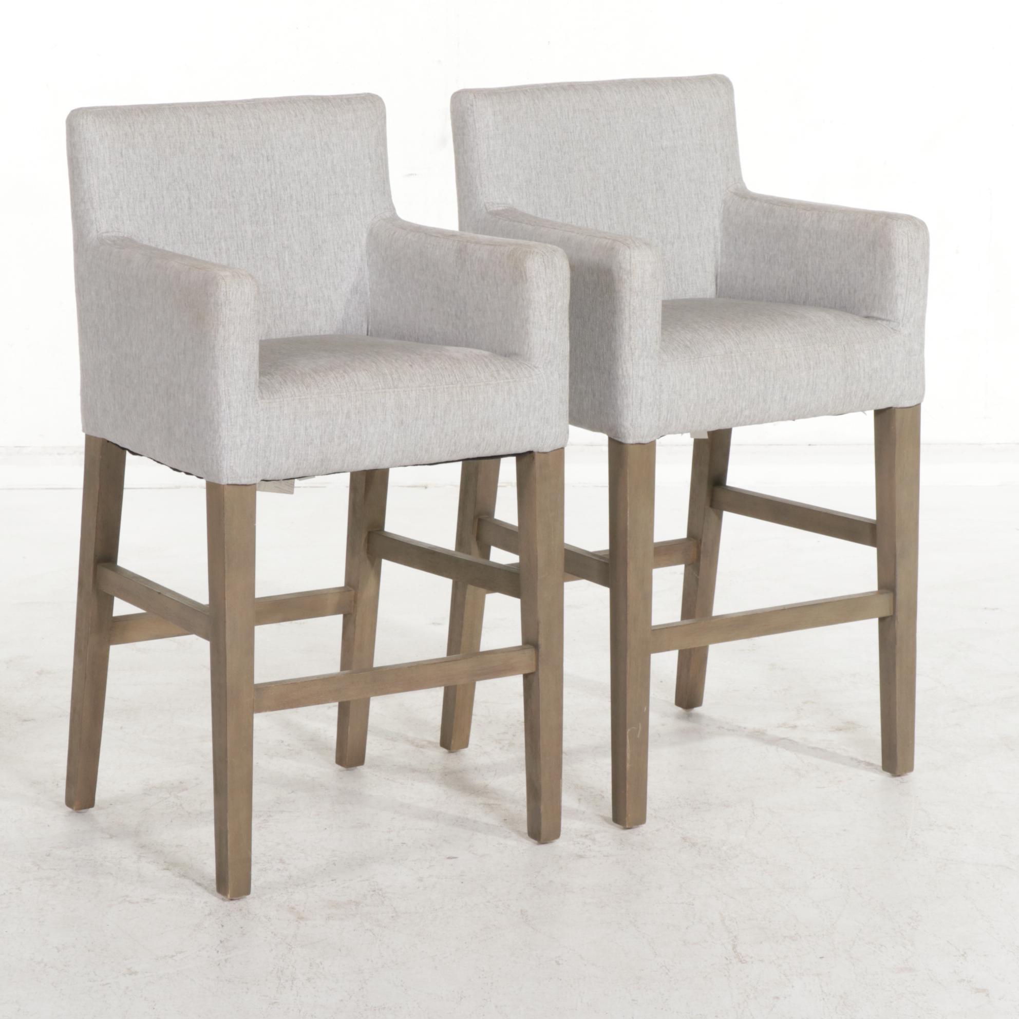 Pair of Pottery Barn "Classic" Gray Upholstered and Hardwood Barstools