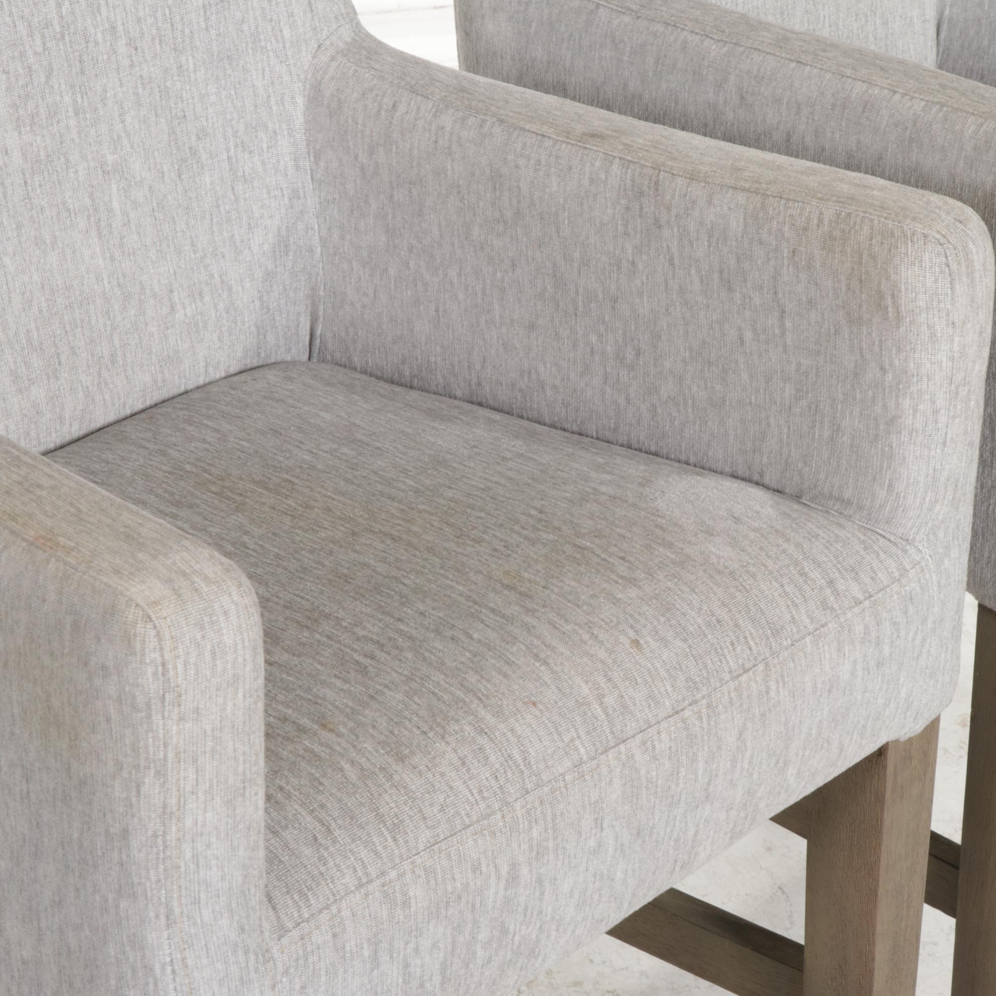 Pair of Pottery Barn "Classic" Gray Upholstered and Hardwood Barstools