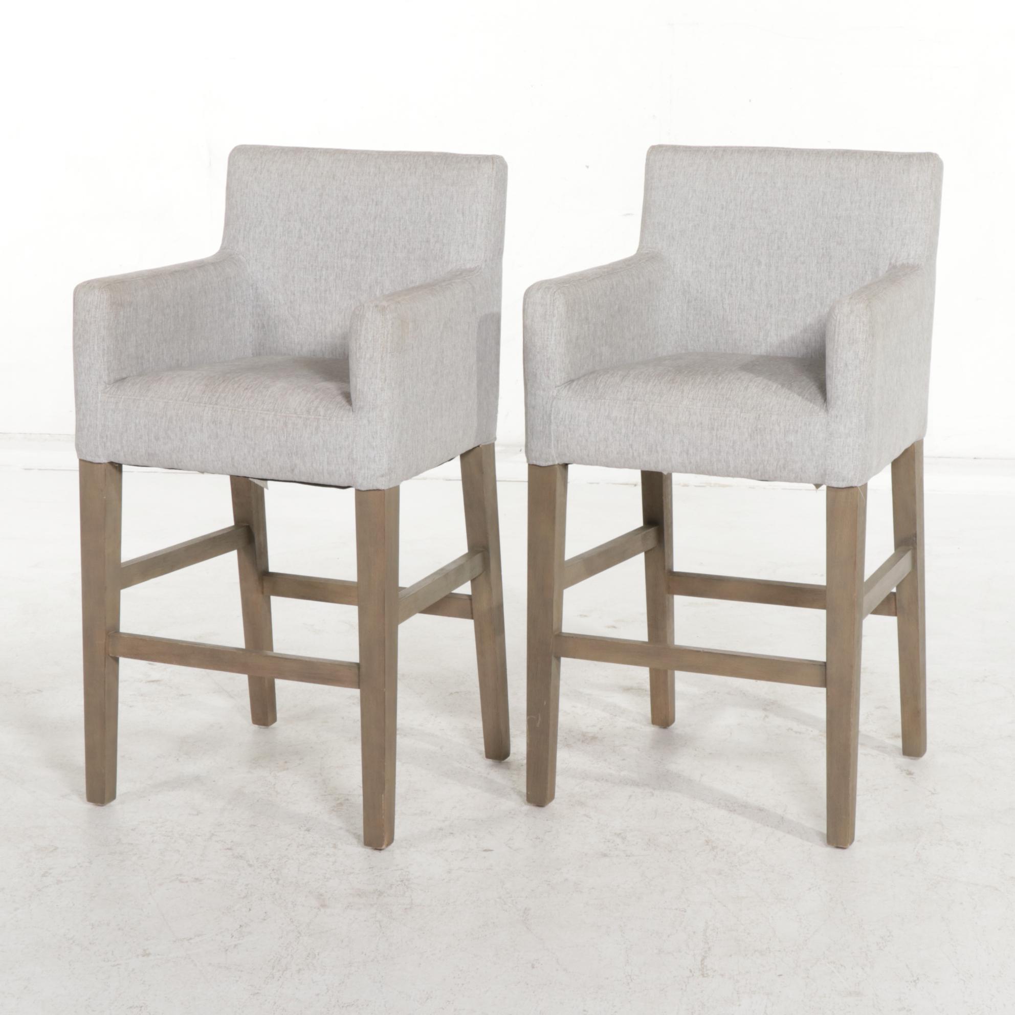 Pair of Pottery Barn "Classic" Gray Upholstered and Hardwood Barstools