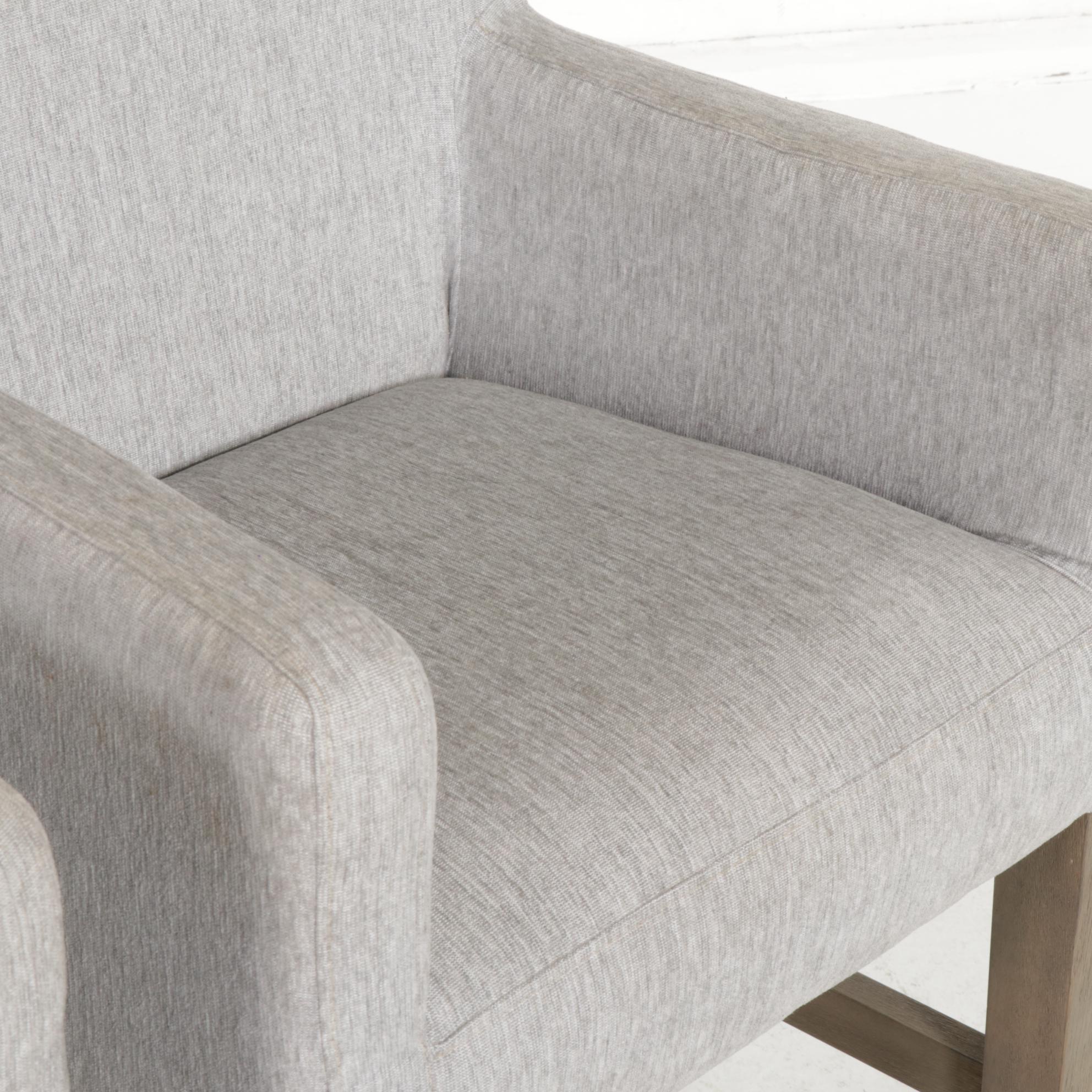 Pair of Pottery Barn "Classic" Gray Upholstered and Hardwood Barstools