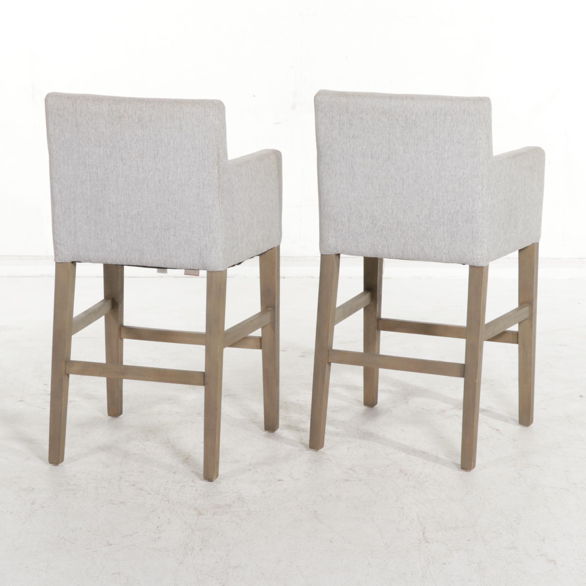 Pair of Pottery Barn "Classic" Gray Upholstered and Hardwood Barstools