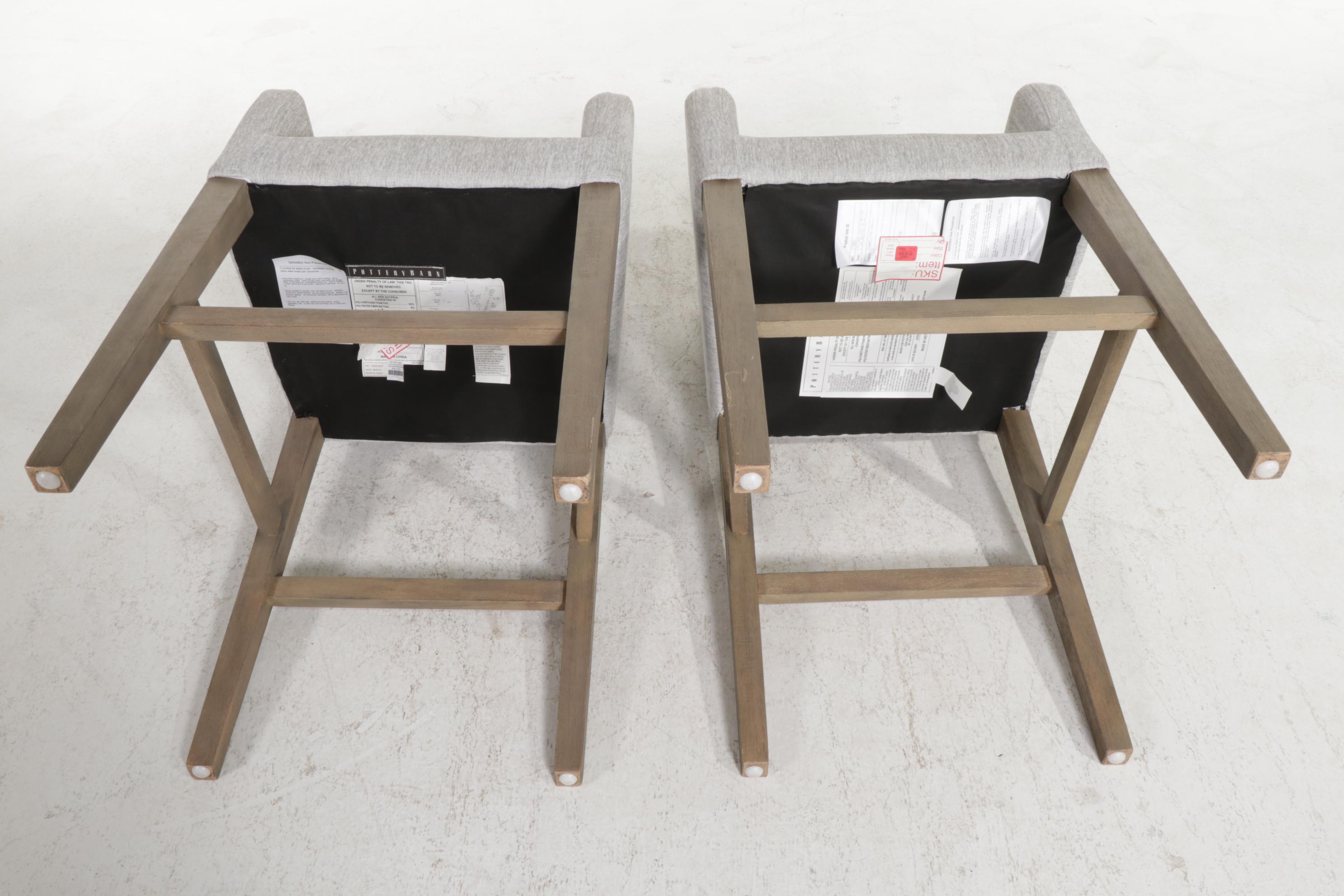 Pair of Pottery Barn "Classic" Gray Upholstered and Hardwood Barstools