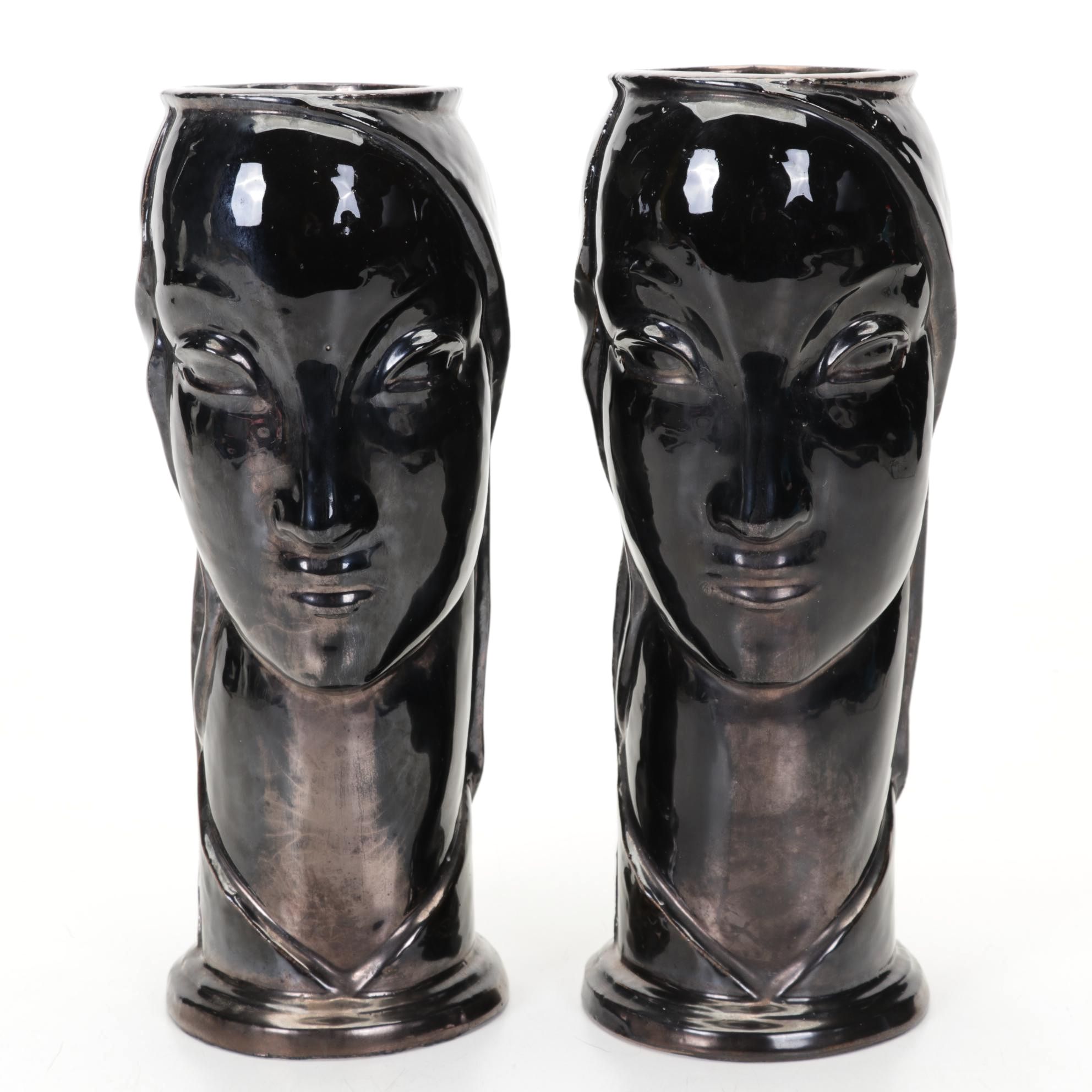 Pair of Aetco Art Deco Black-Glazed Ceramic Lady's Head Vases