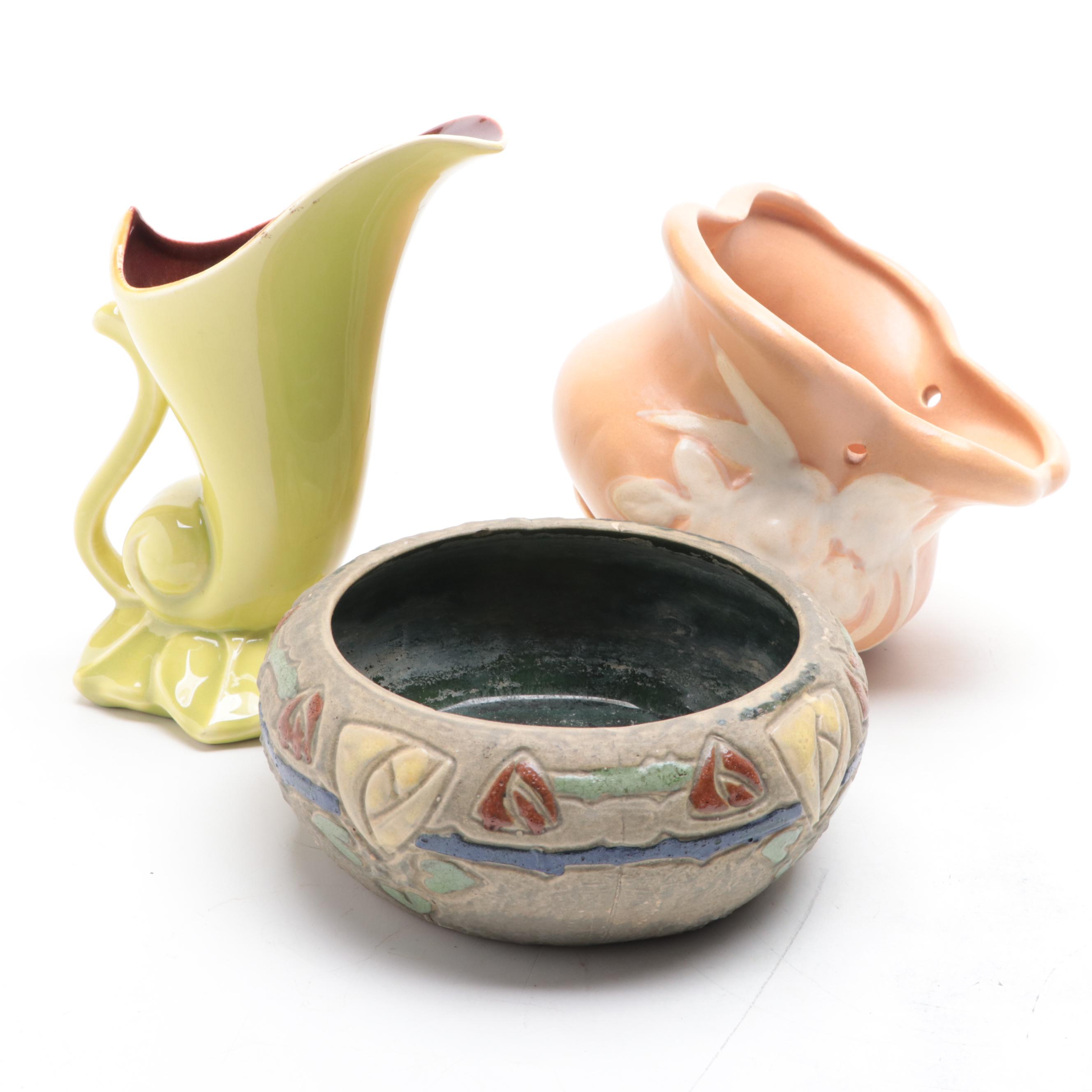Roseville Pottery Mostique Bowl with Red Wing Pottery and Other Vases