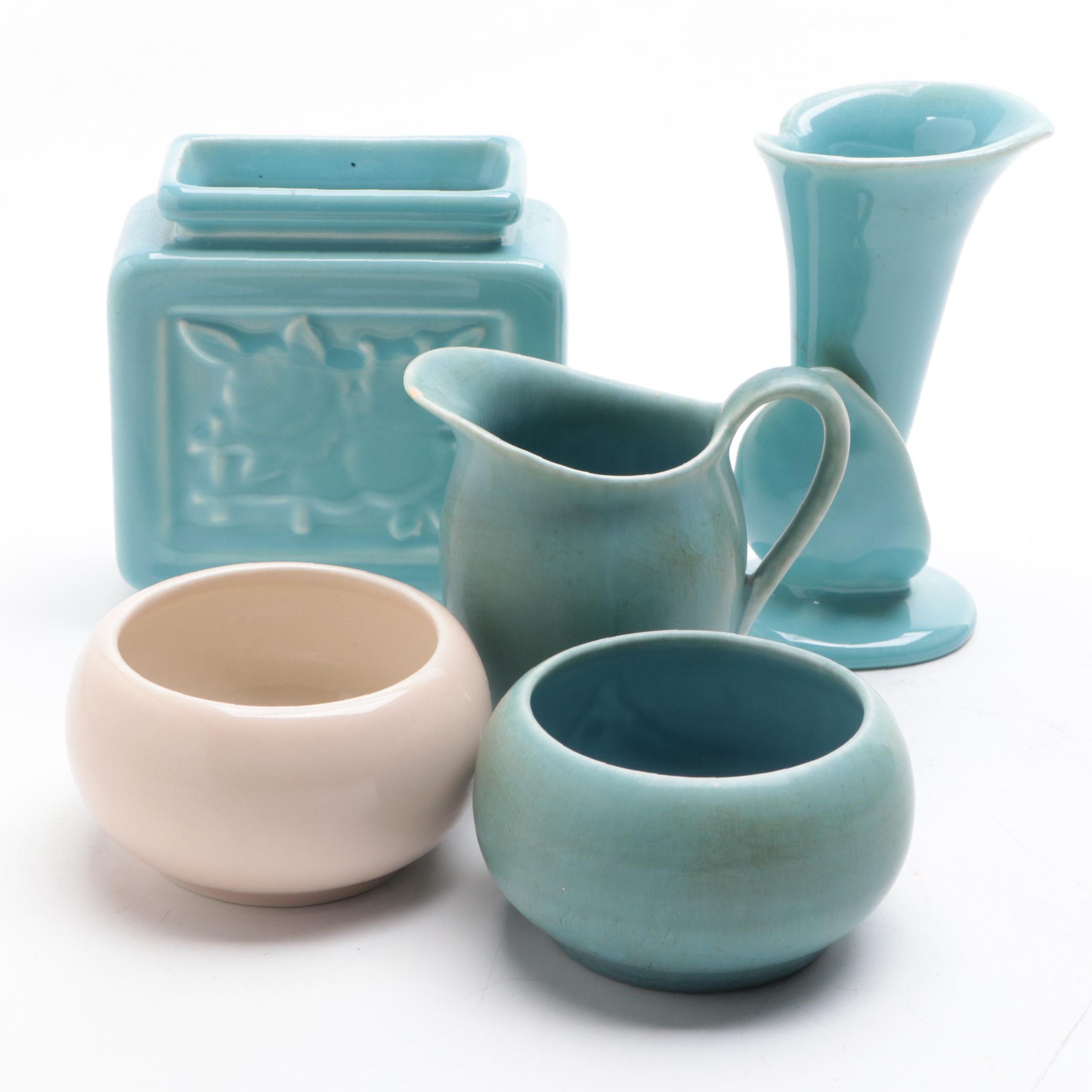 Rookwood Pottery Glazed Ceramic Vases, Creamer, and Open Sugar Bowls