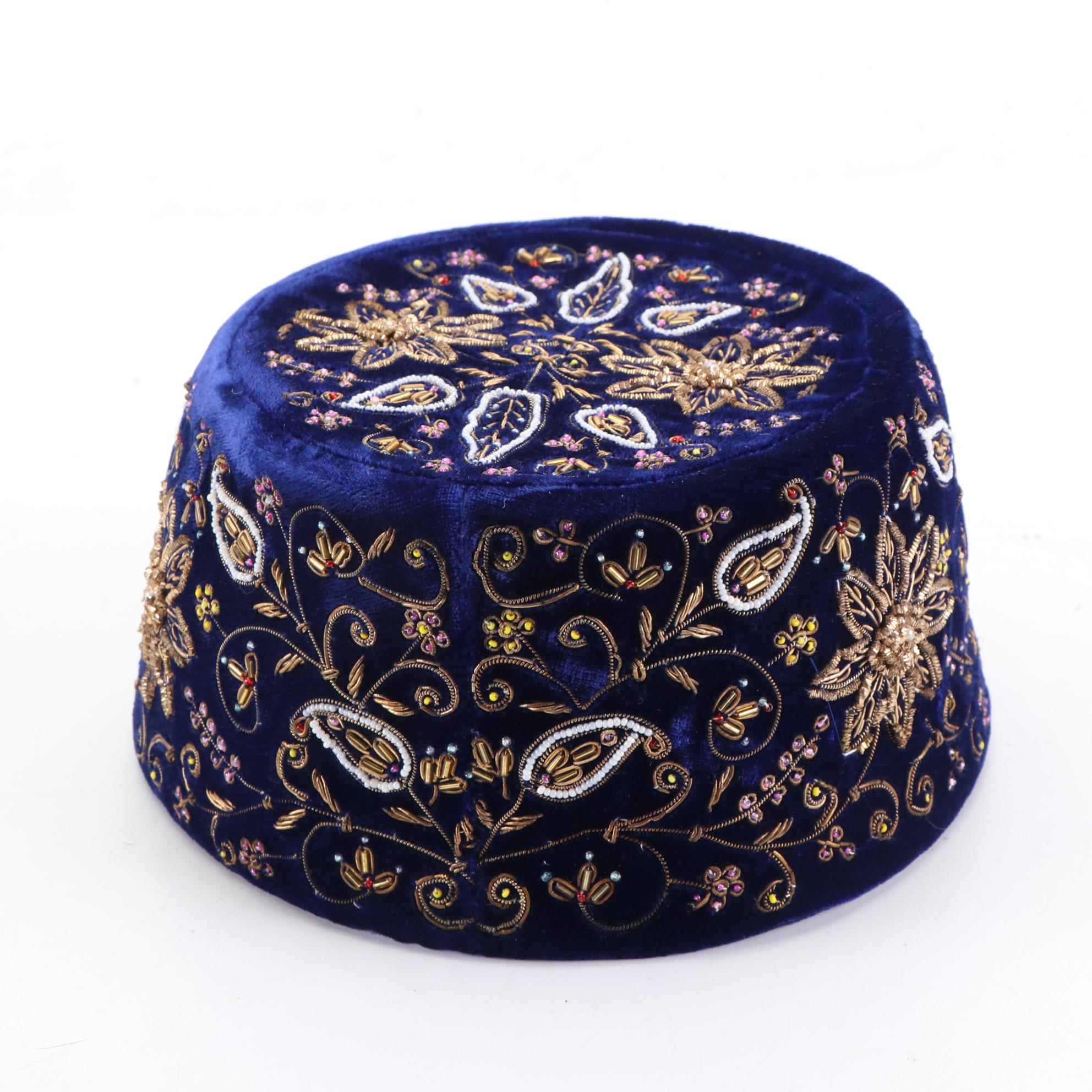 Kumma Style Embroidered Cap and Dyed Feather Bumper Hat