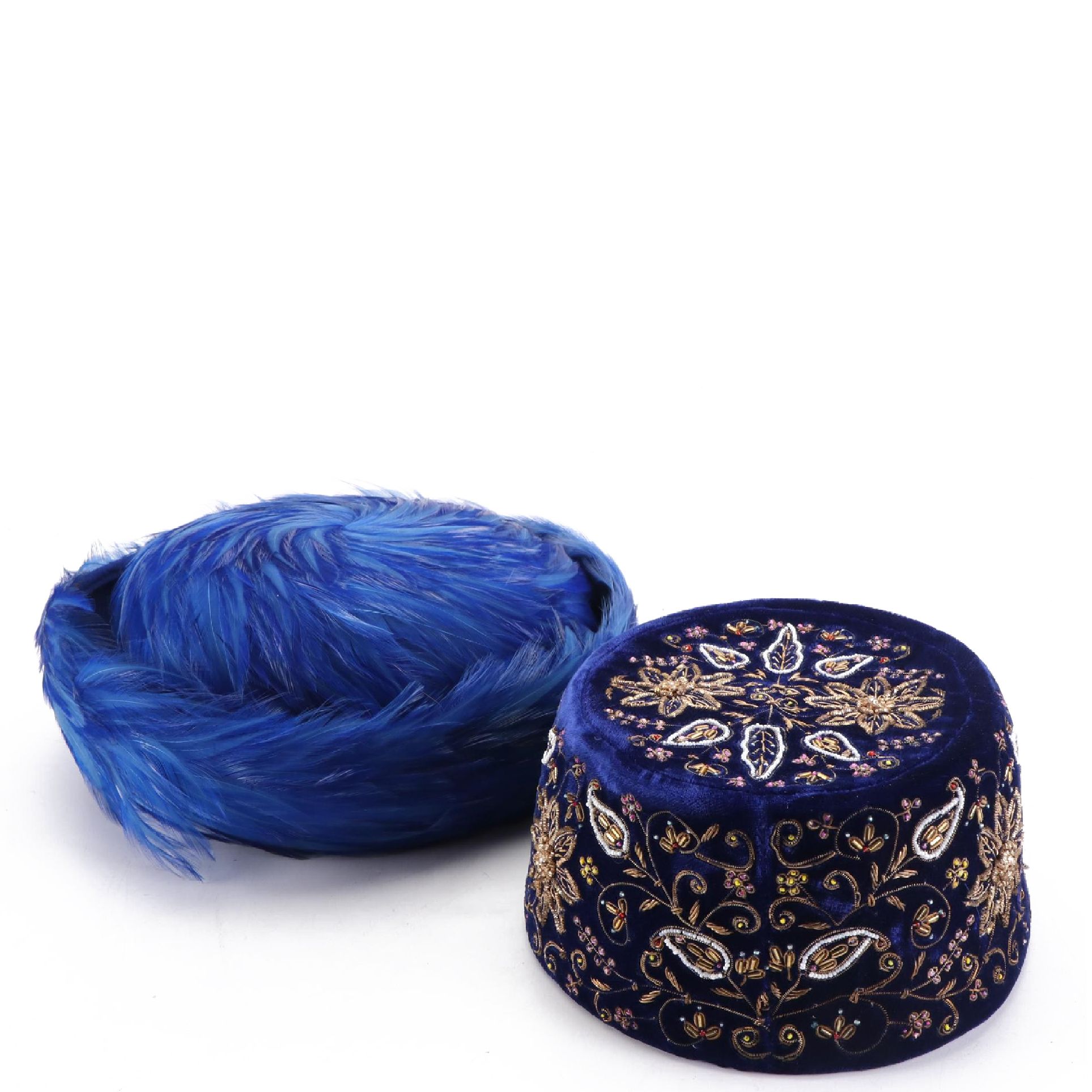 Kumma Style Embroidered Cap and Dyed Feather Bumper Hat