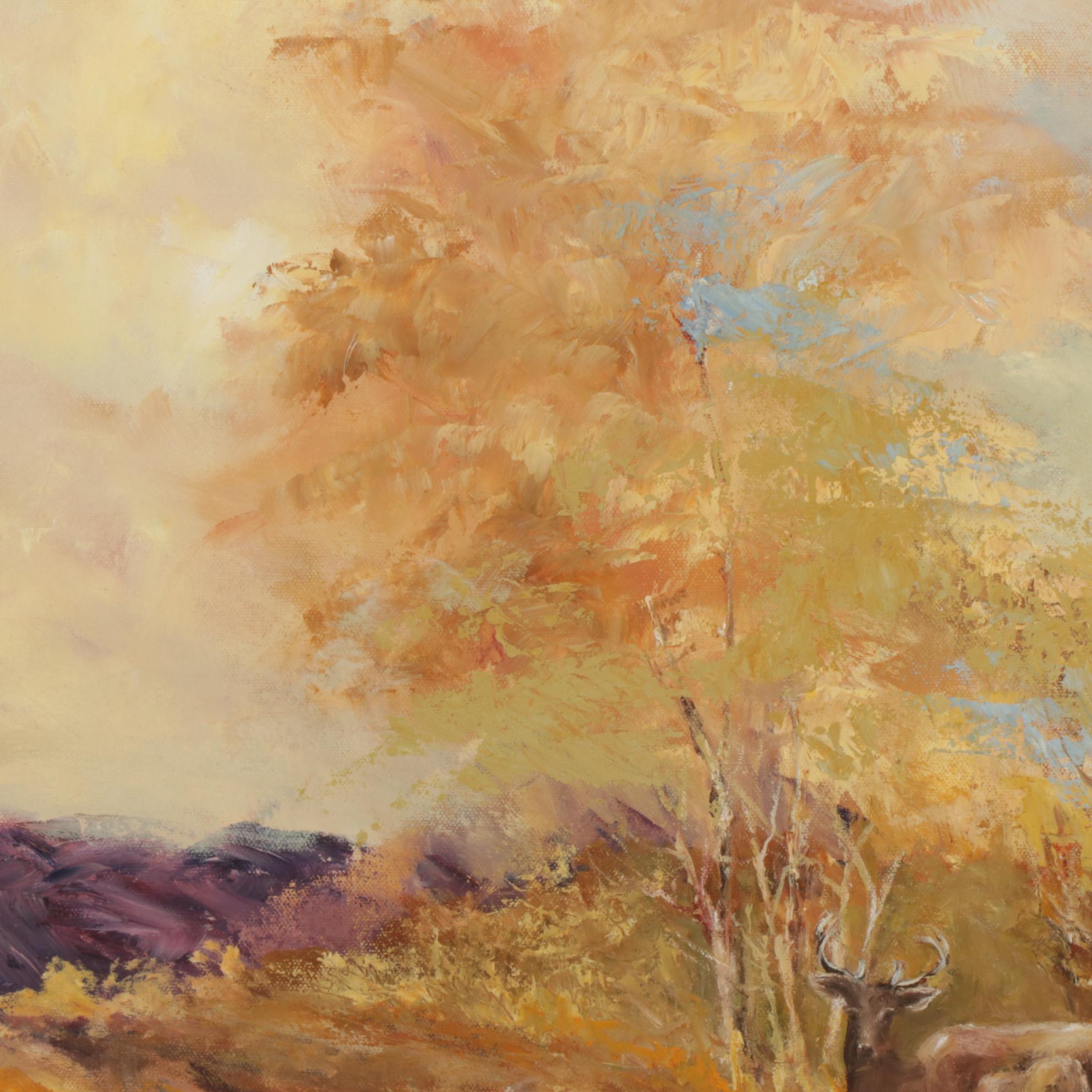 Landscape Oil Painting of Deer Grazing Beside Stream