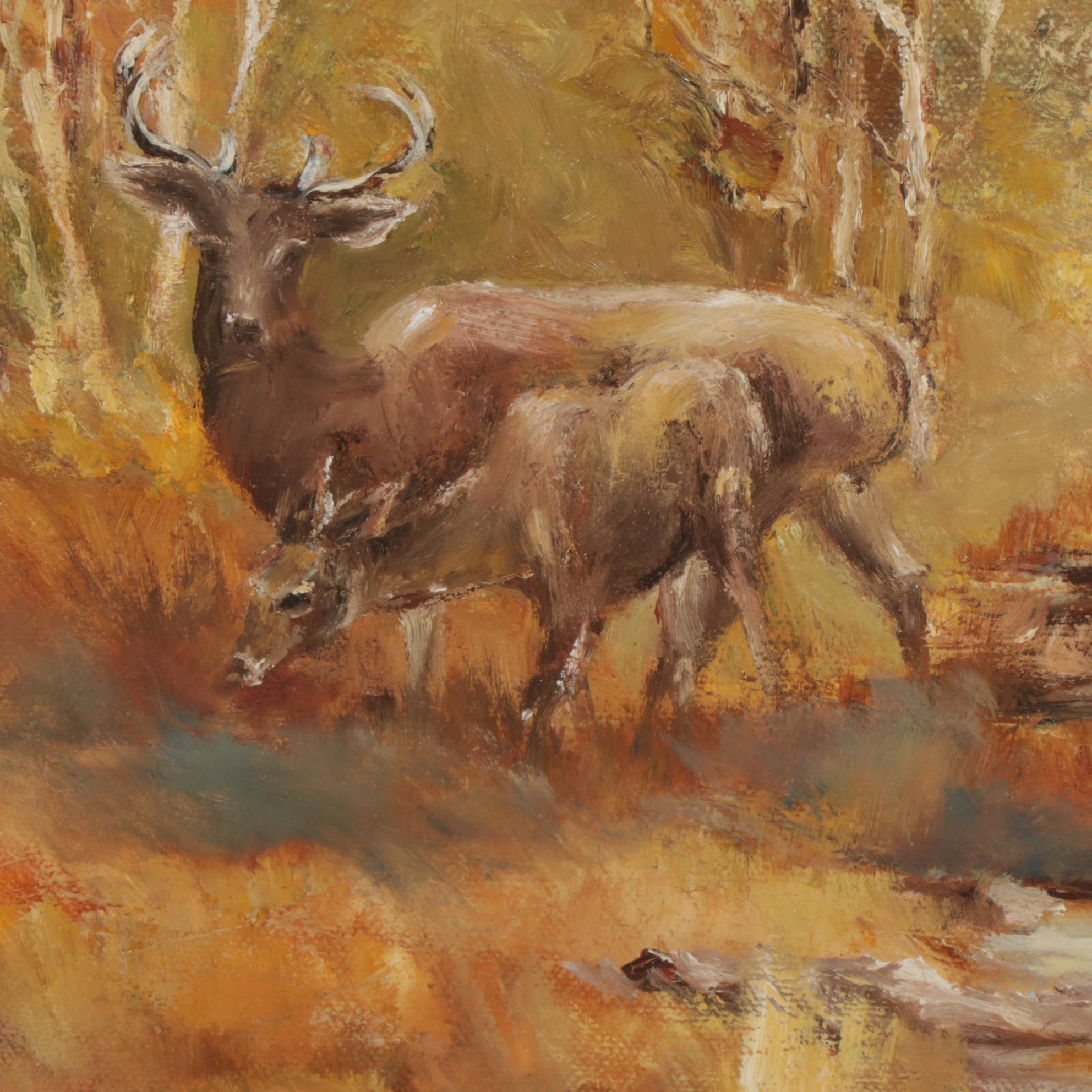 Landscape Oil Painting of Deer Grazing Beside Stream