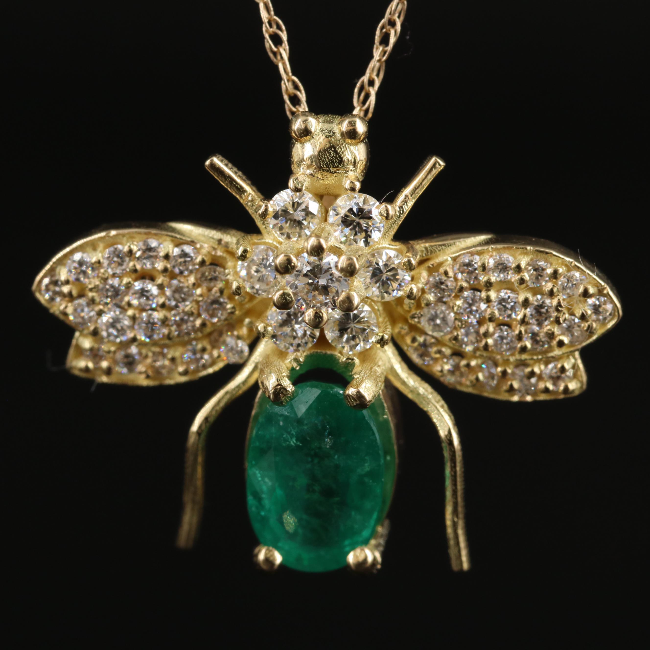 18K Emerald and Diamond Fly Pendant on 14K Chain