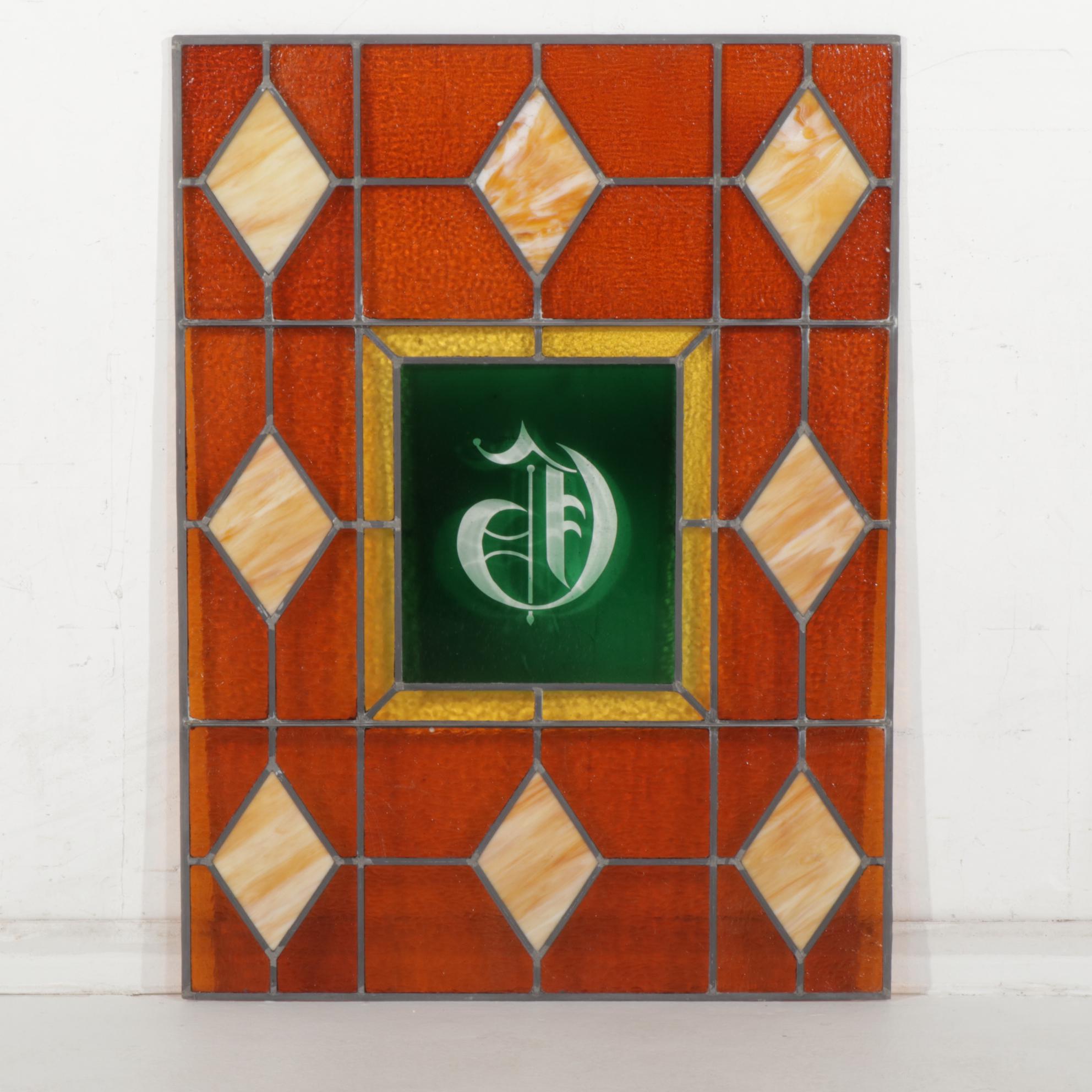 Stained and Slag Glass Leaded Panel Featuring Gothic Letter "G"