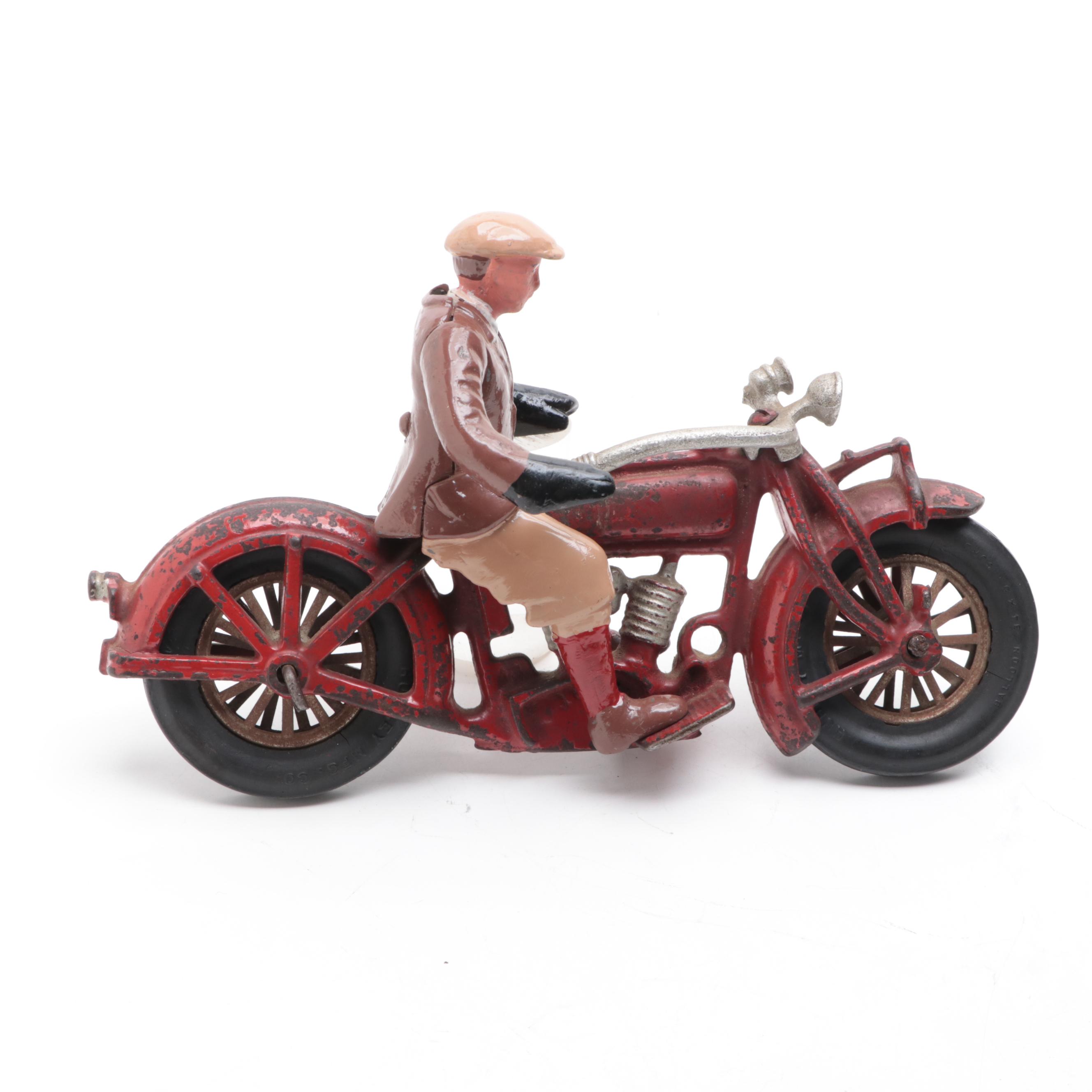 Hubley Cast Iron Toy Indian Motorcycle and Civilian Rider, 1930s