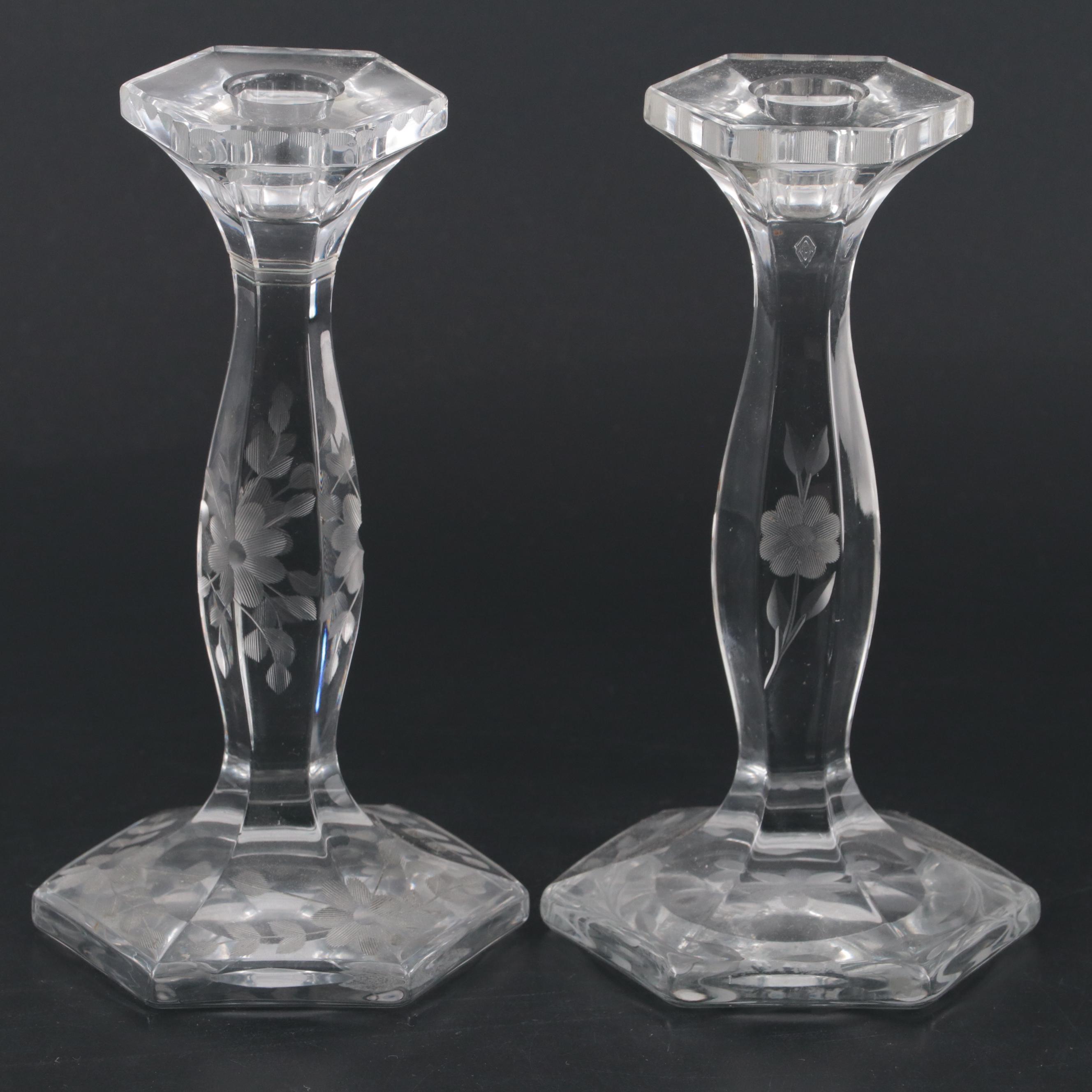 Pair of Heisey Etched Glass Candlesticks