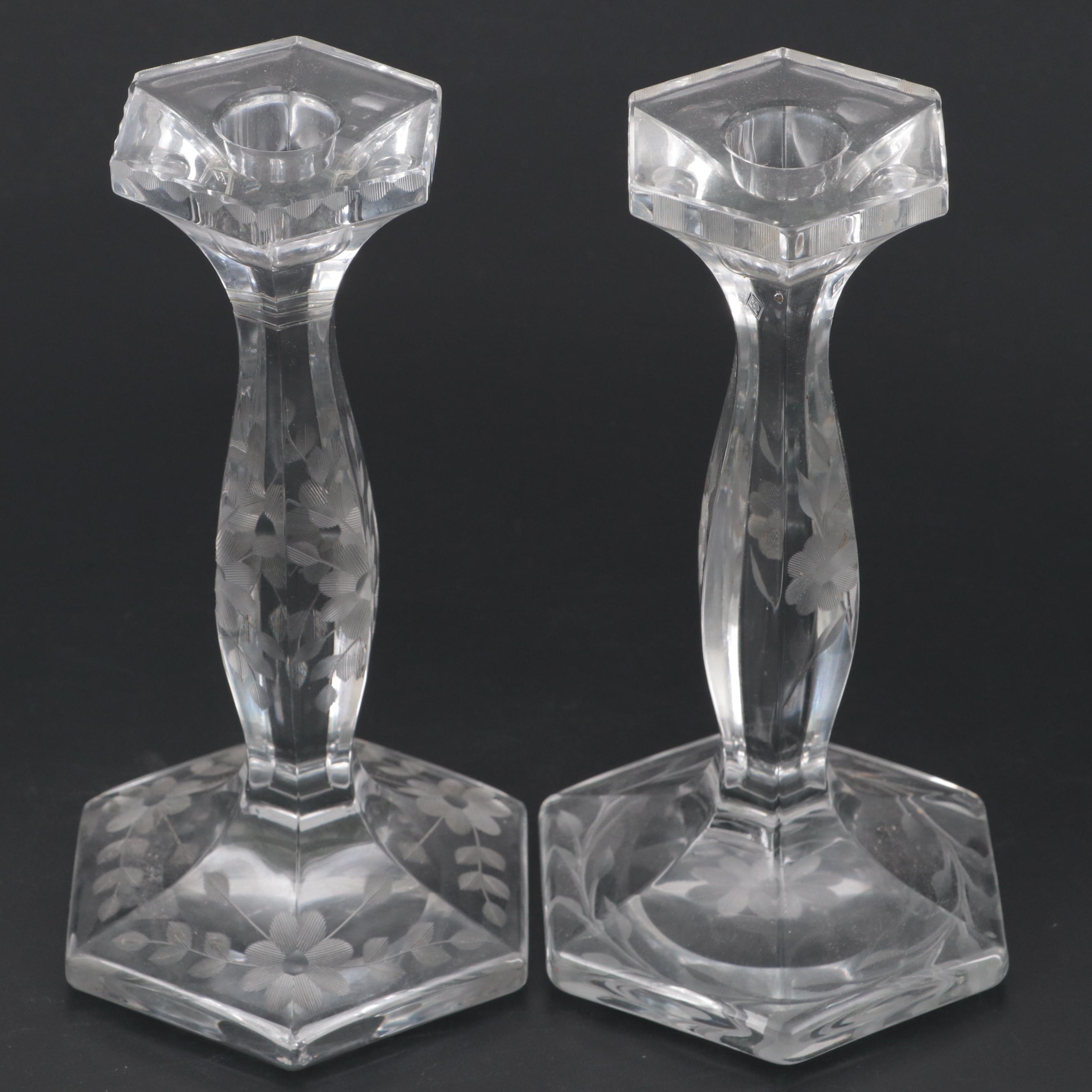 Pair of Heisey Etched Glass Candlesticks