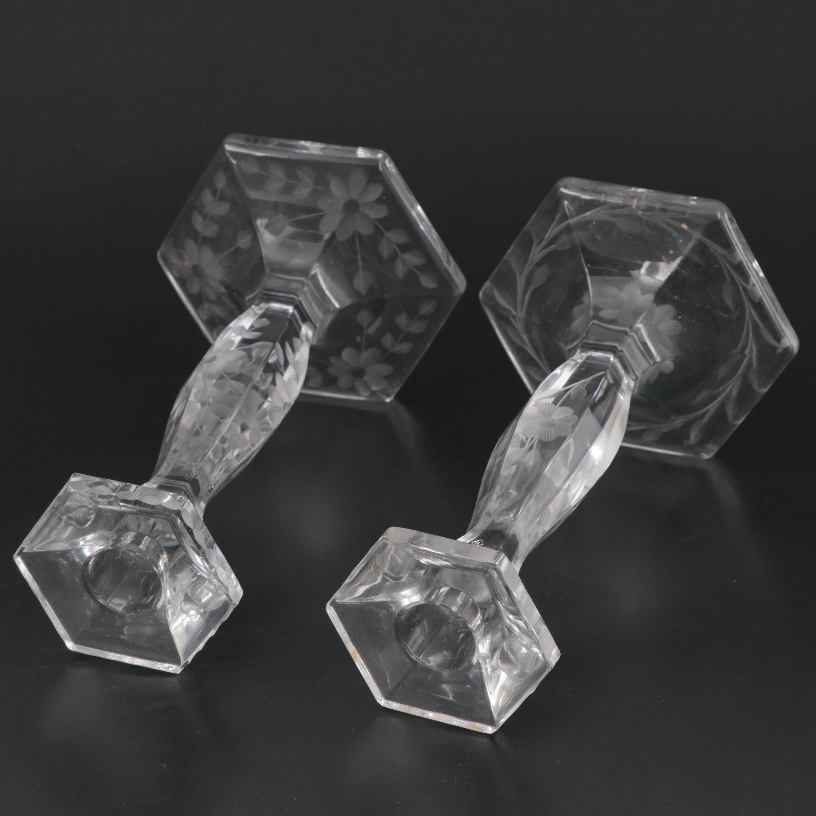 Pair of Heisey Etched Glass Candlesticks