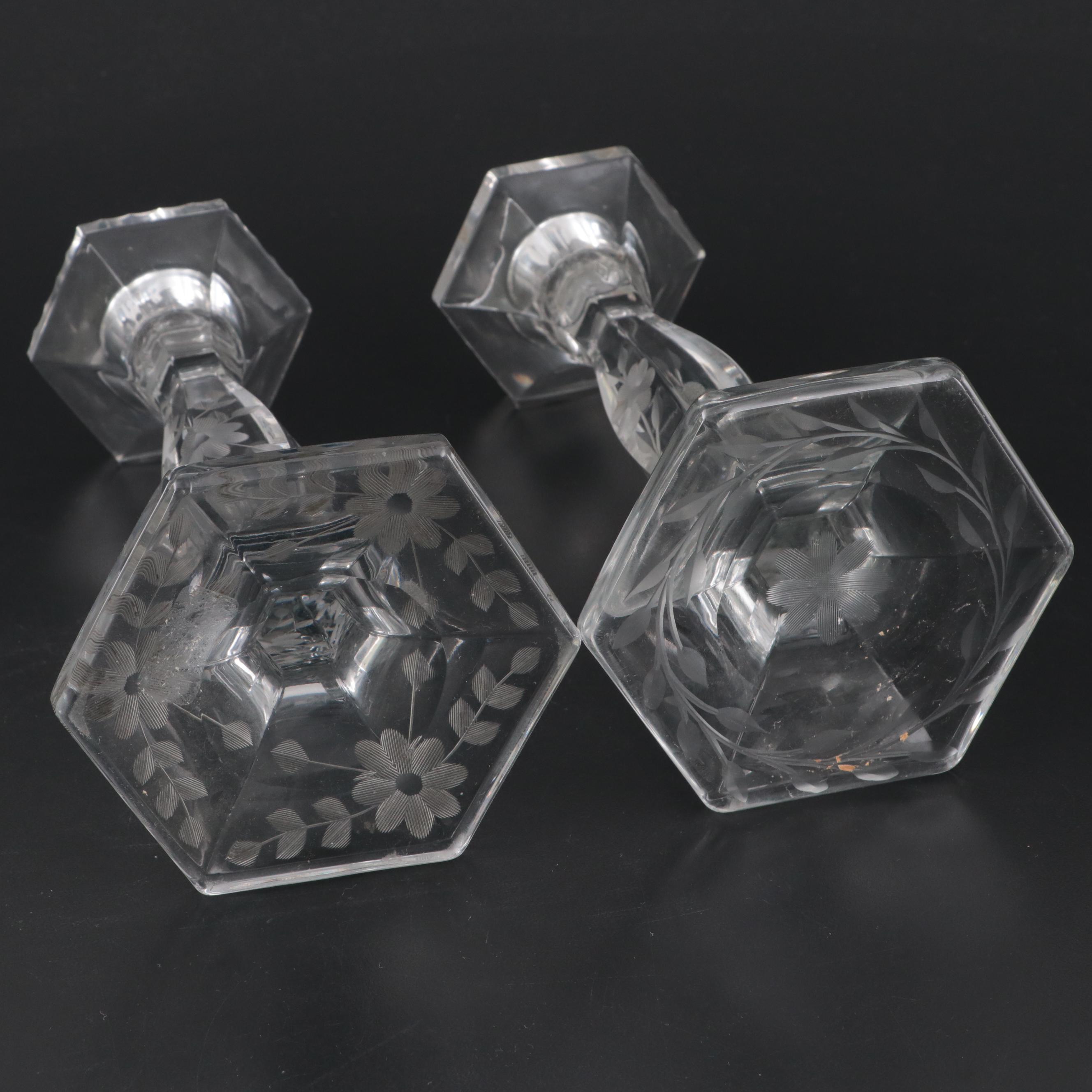 Pair of Heisey Etched Glass Candlesticks
