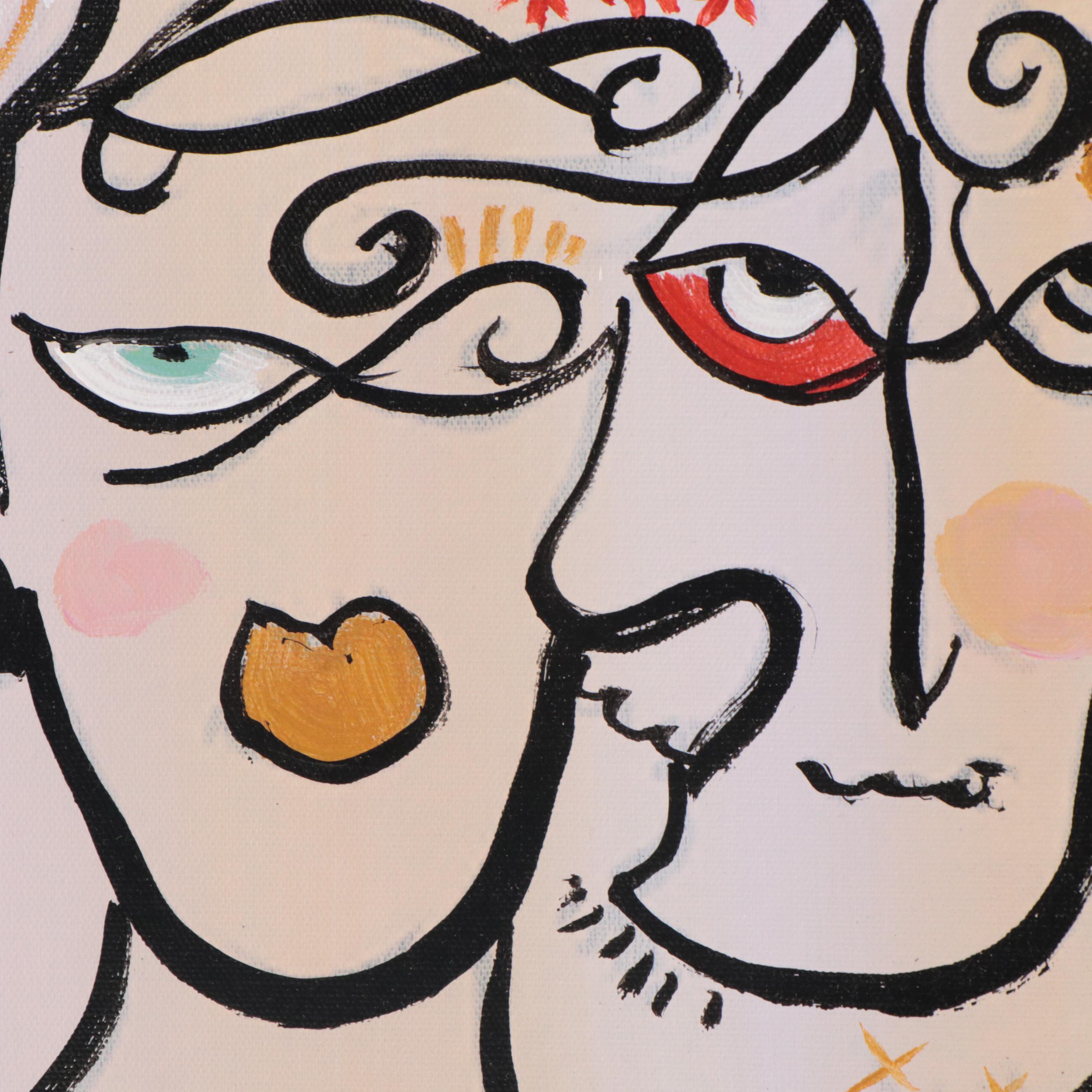 Bing Modernist Acrylic Painting of Abstract Faces