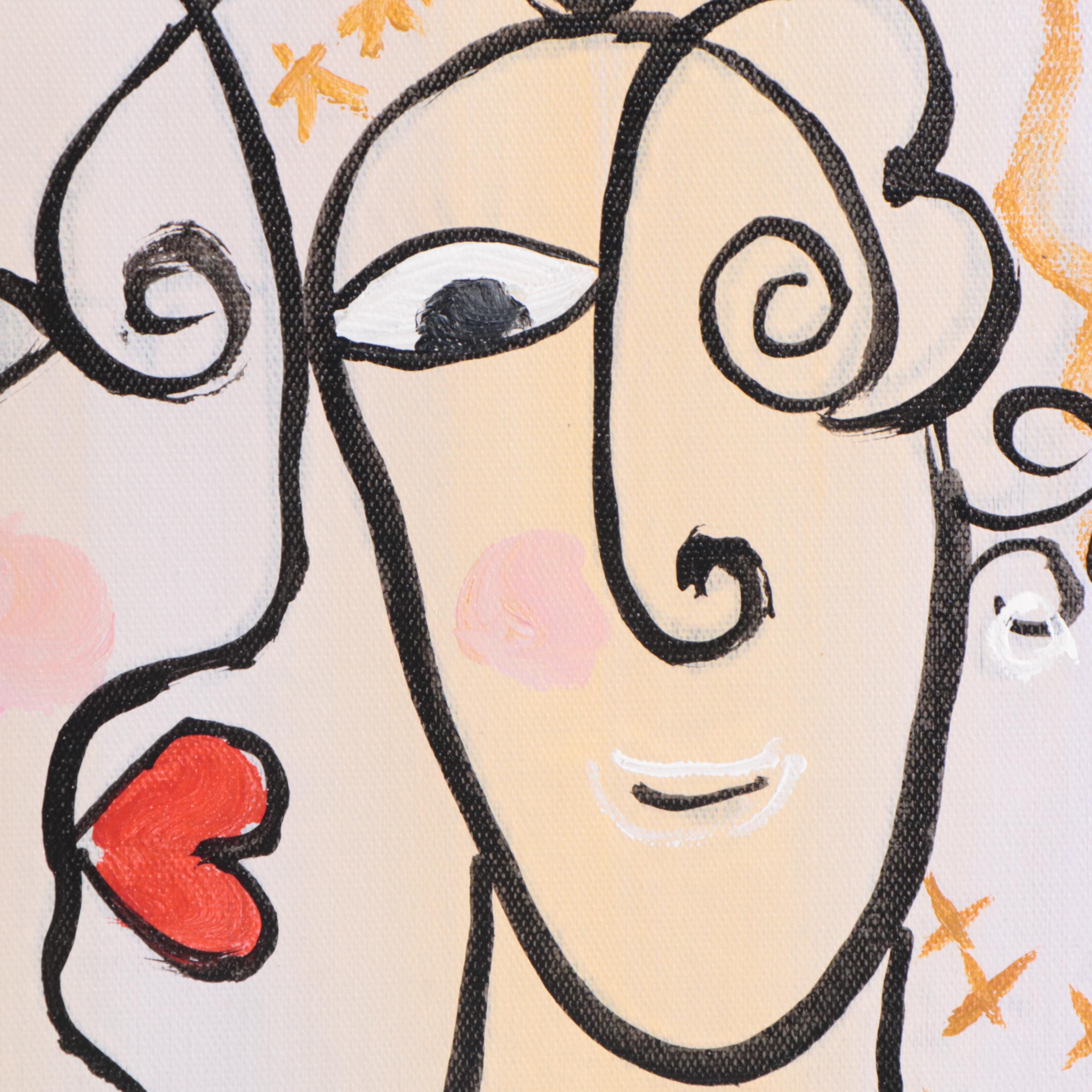 Bing Modernist Acrylic Painting of Abstract Faces