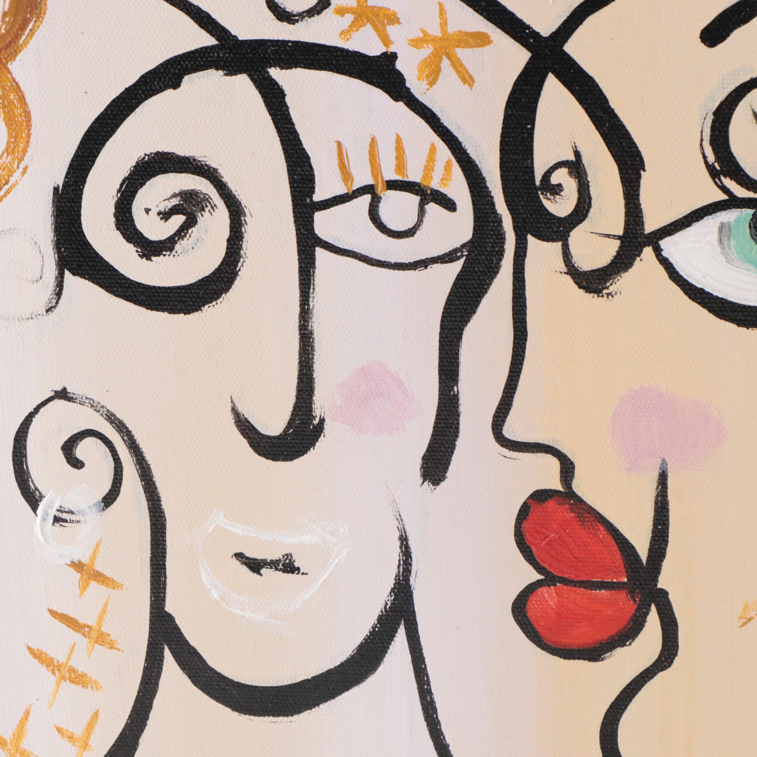 Bing Modernist Acrylic Painting of Abstract Faces