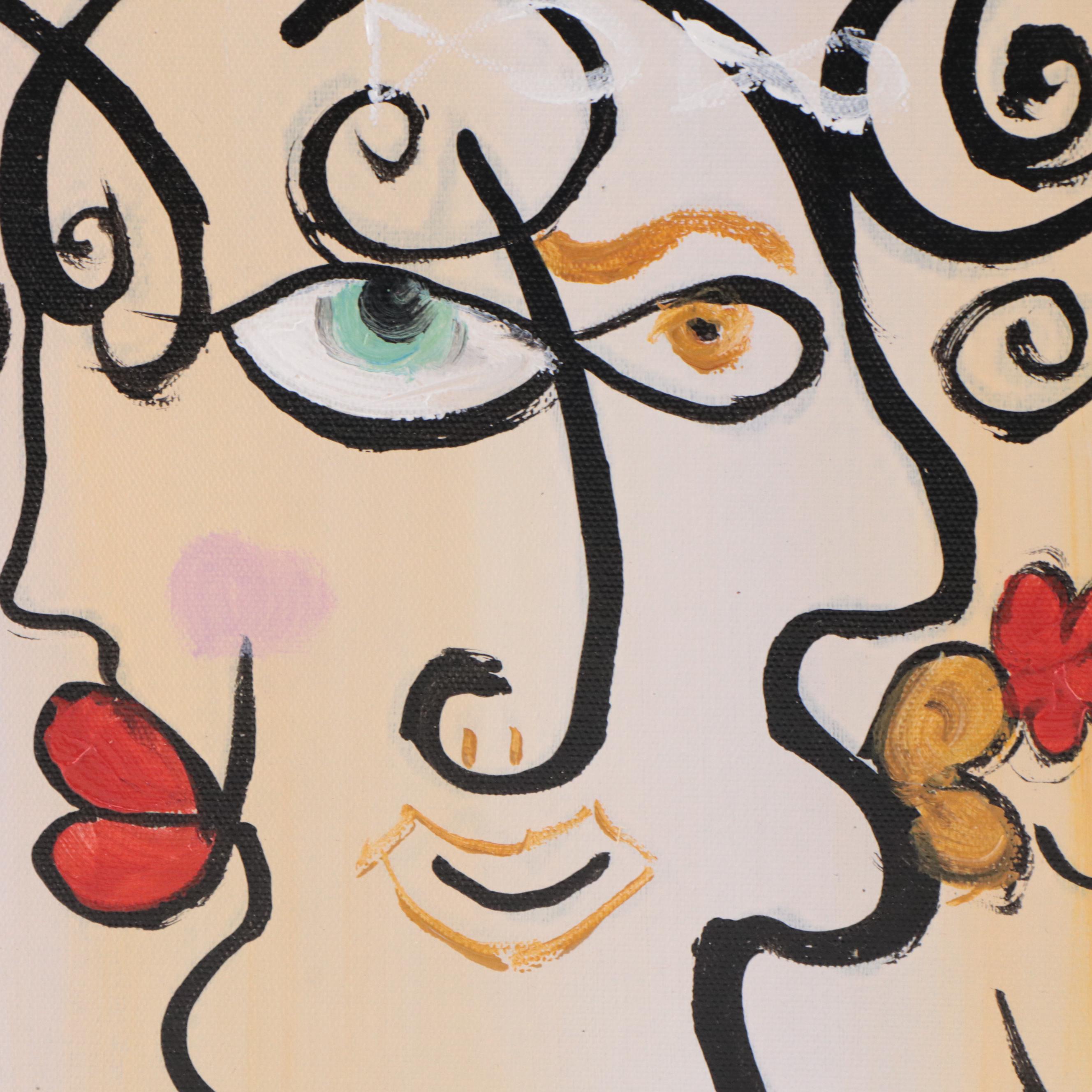 Bing Modernist Acrylic Painting of Abstract Faces