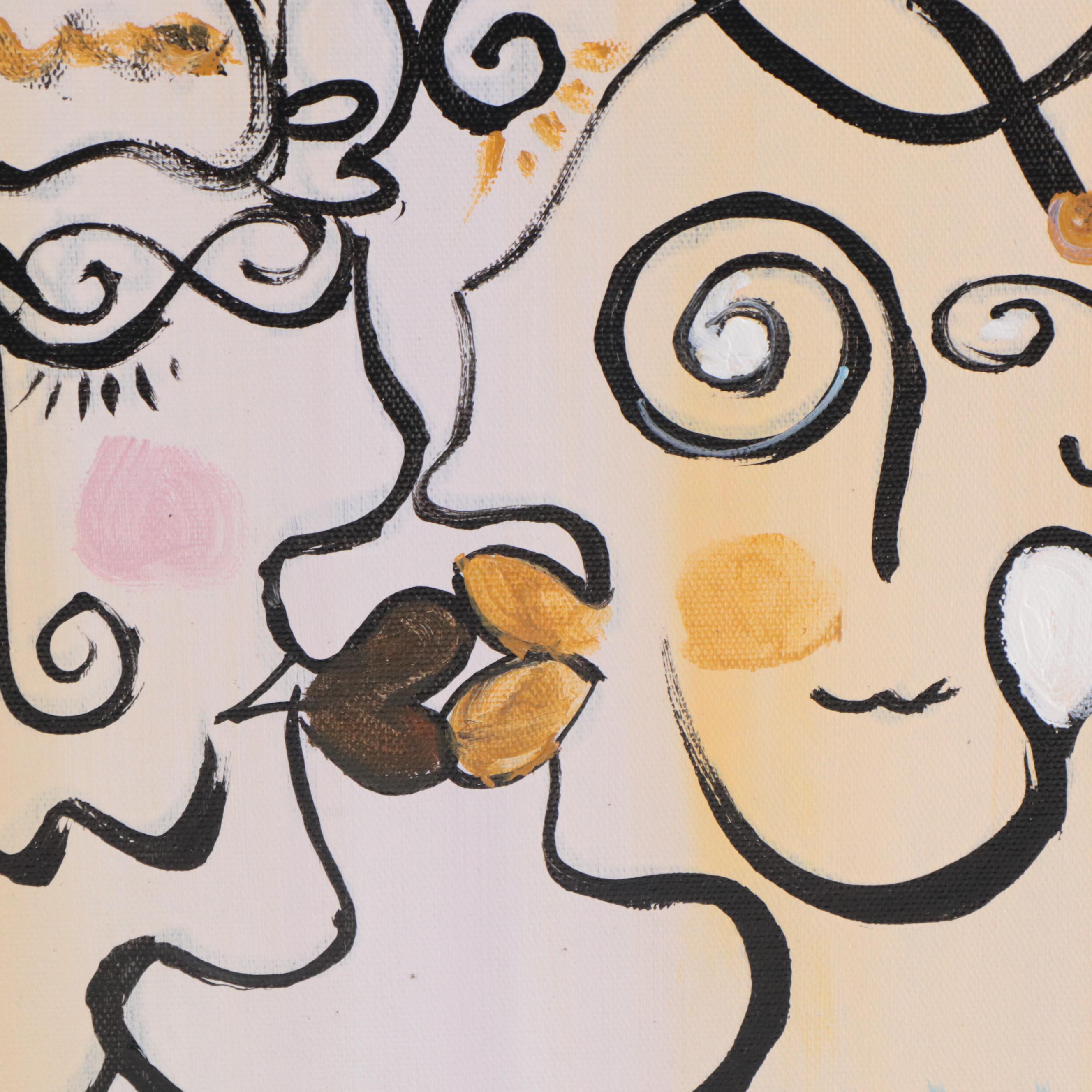 Bing Modernist Acrylic Painting of Abstract Faces