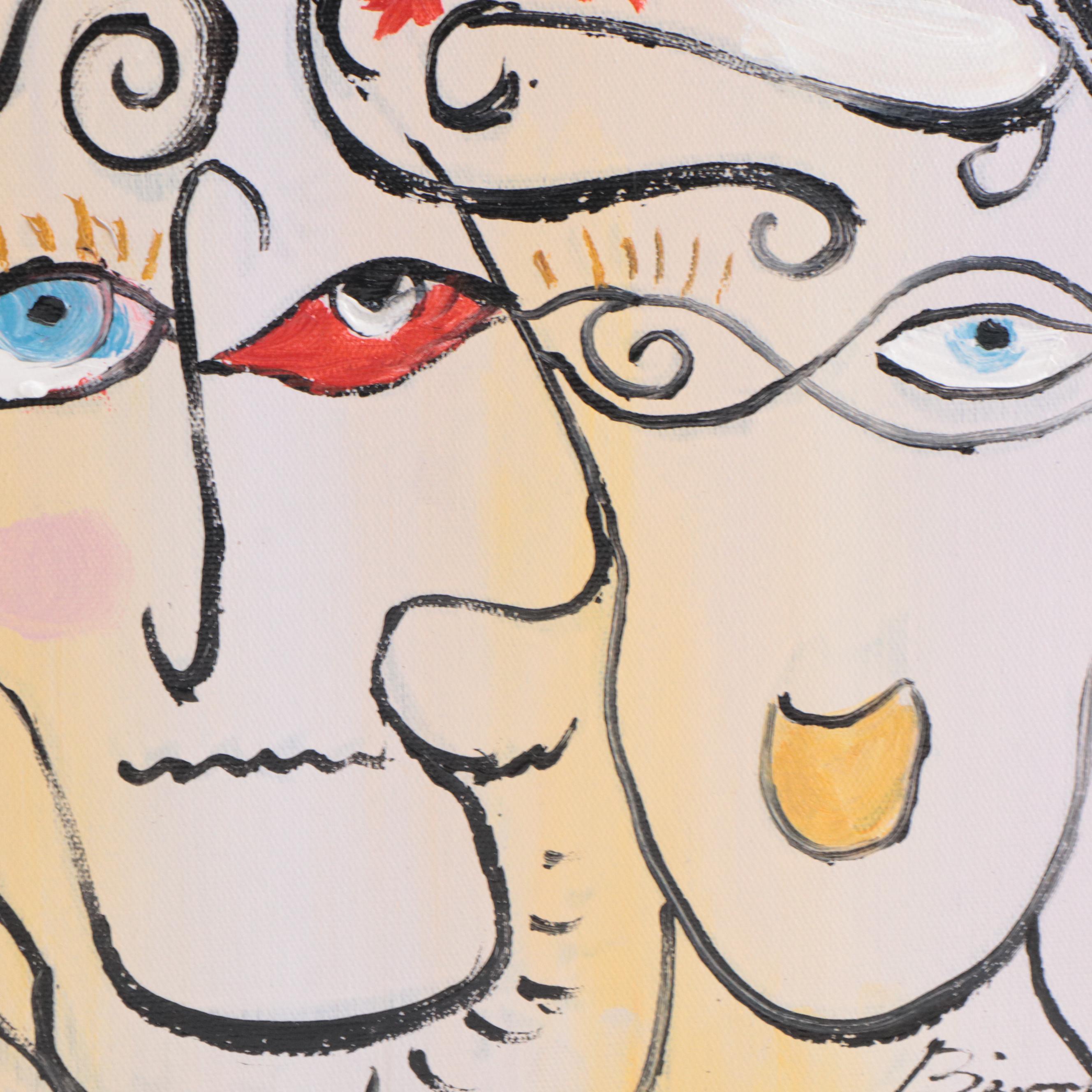 Bing Modernist Acrylic Painting of Abstract Faces