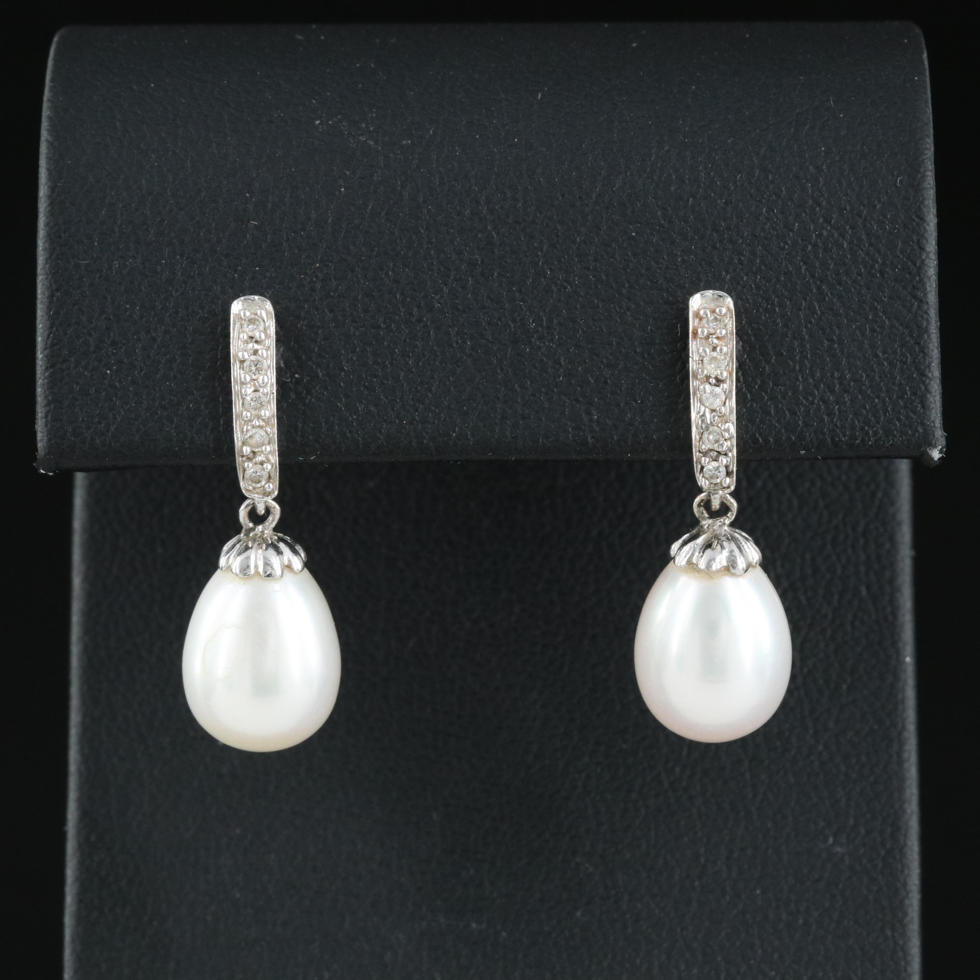 14K Pearl and Diamond Drop Earrings