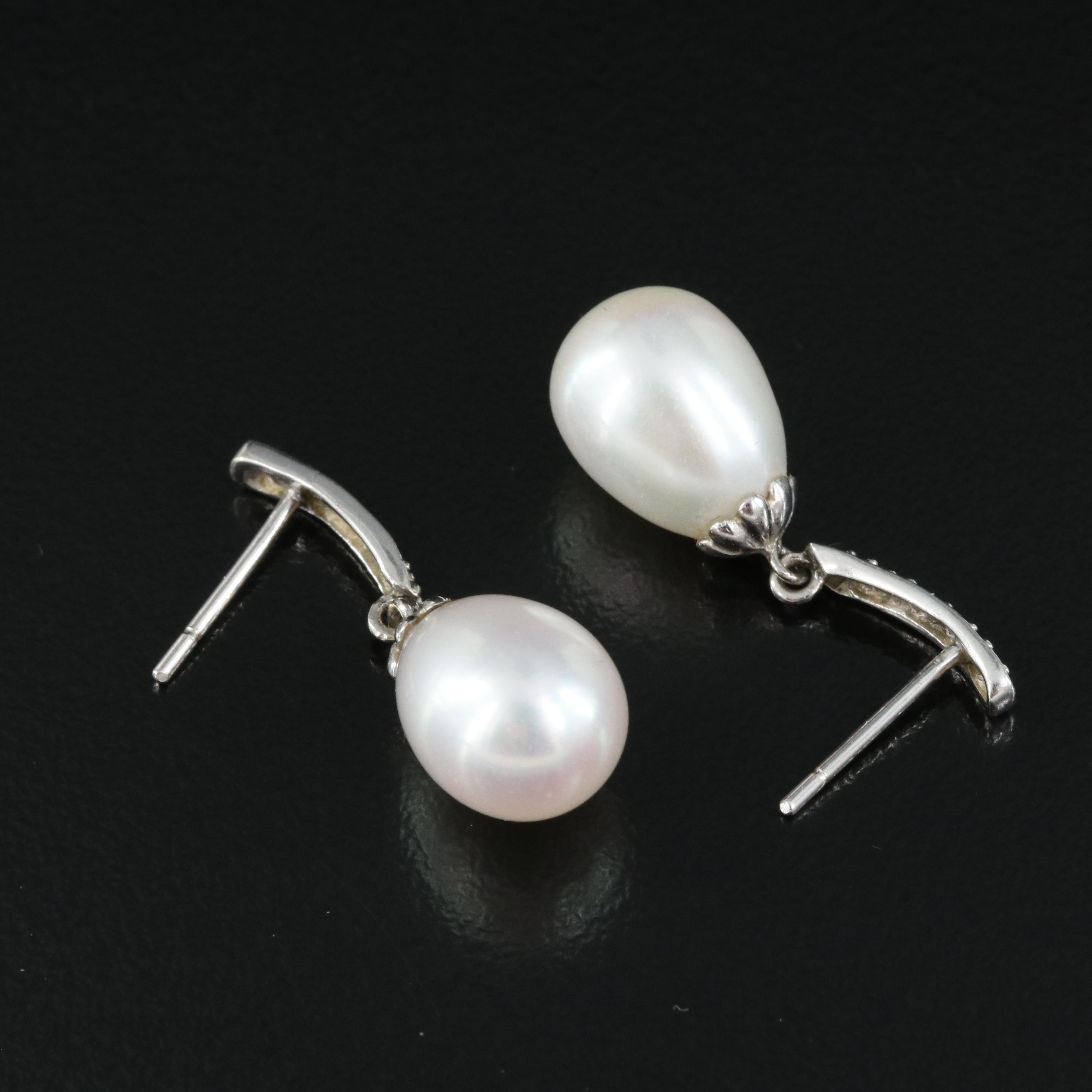 14K Pearl and Diamond Drop Earrings