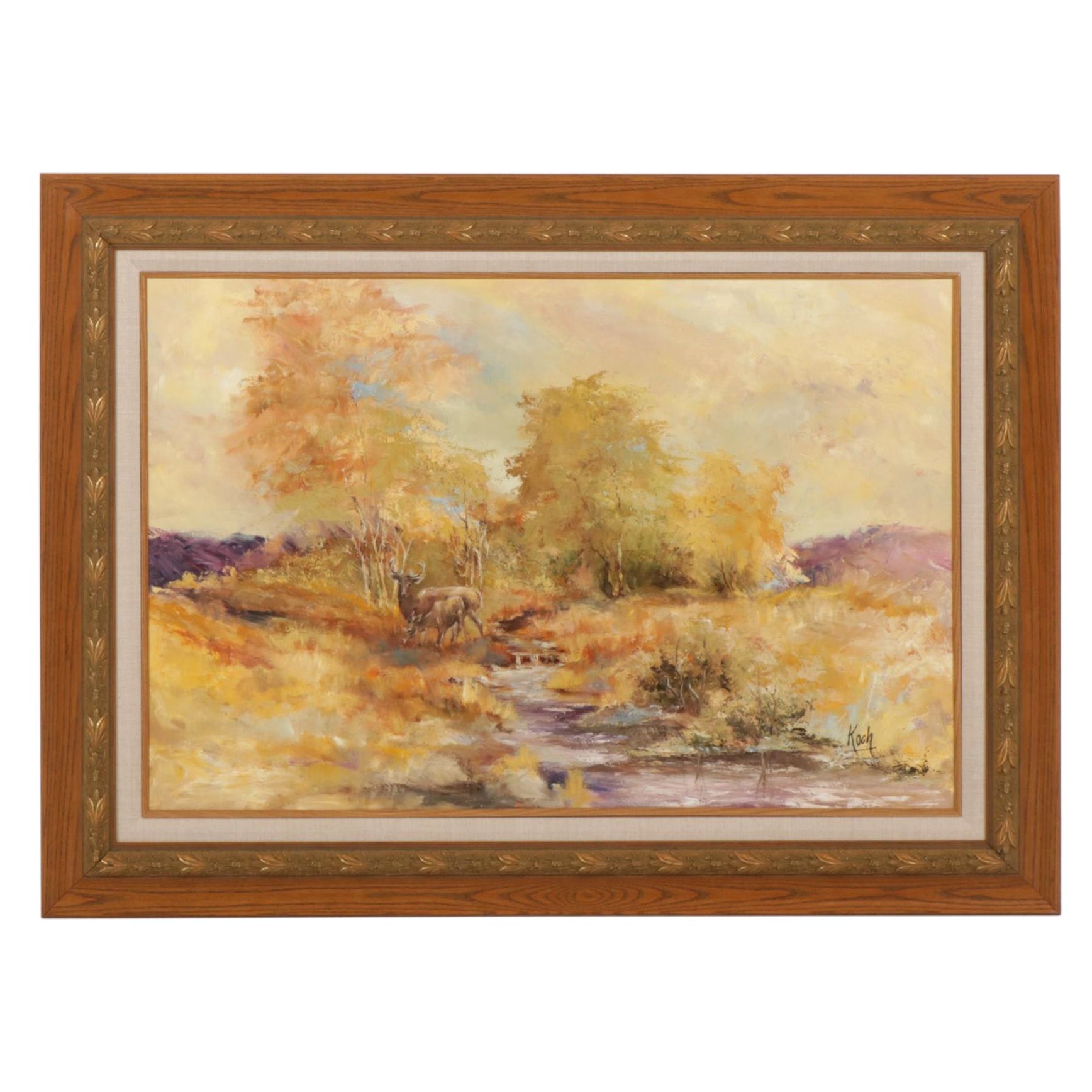 Landscape Oil Painting of Deer Grazing Beside Stream