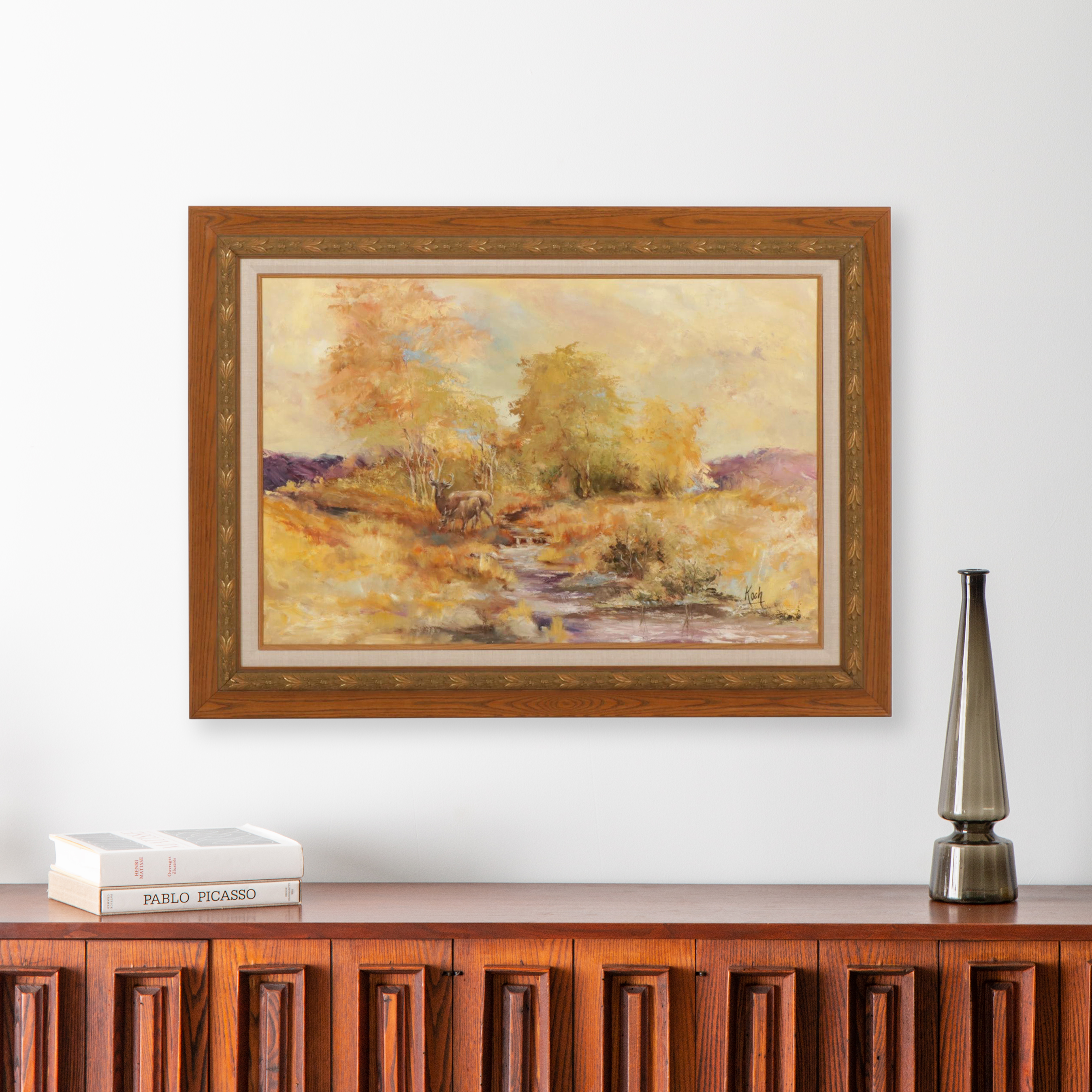 Landscape Oil Painting of Deer Grazing Beside Stream