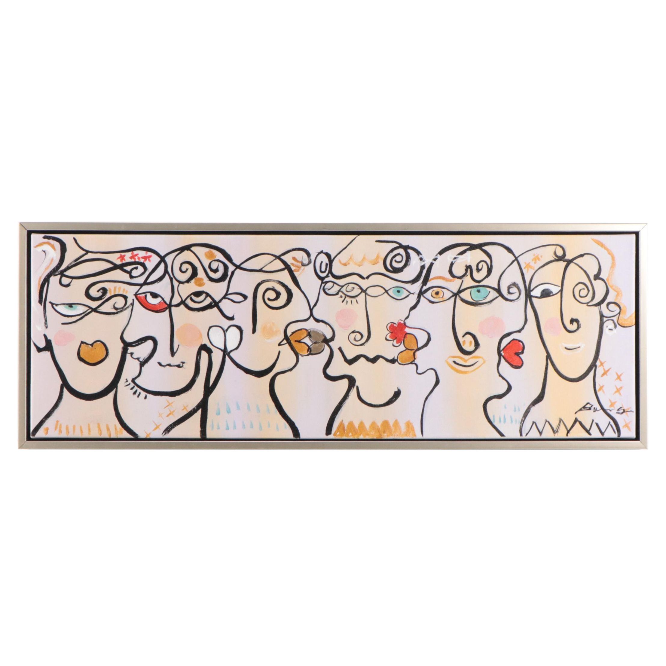 Bing Modernist Acrylic Painting of Abstract Faces