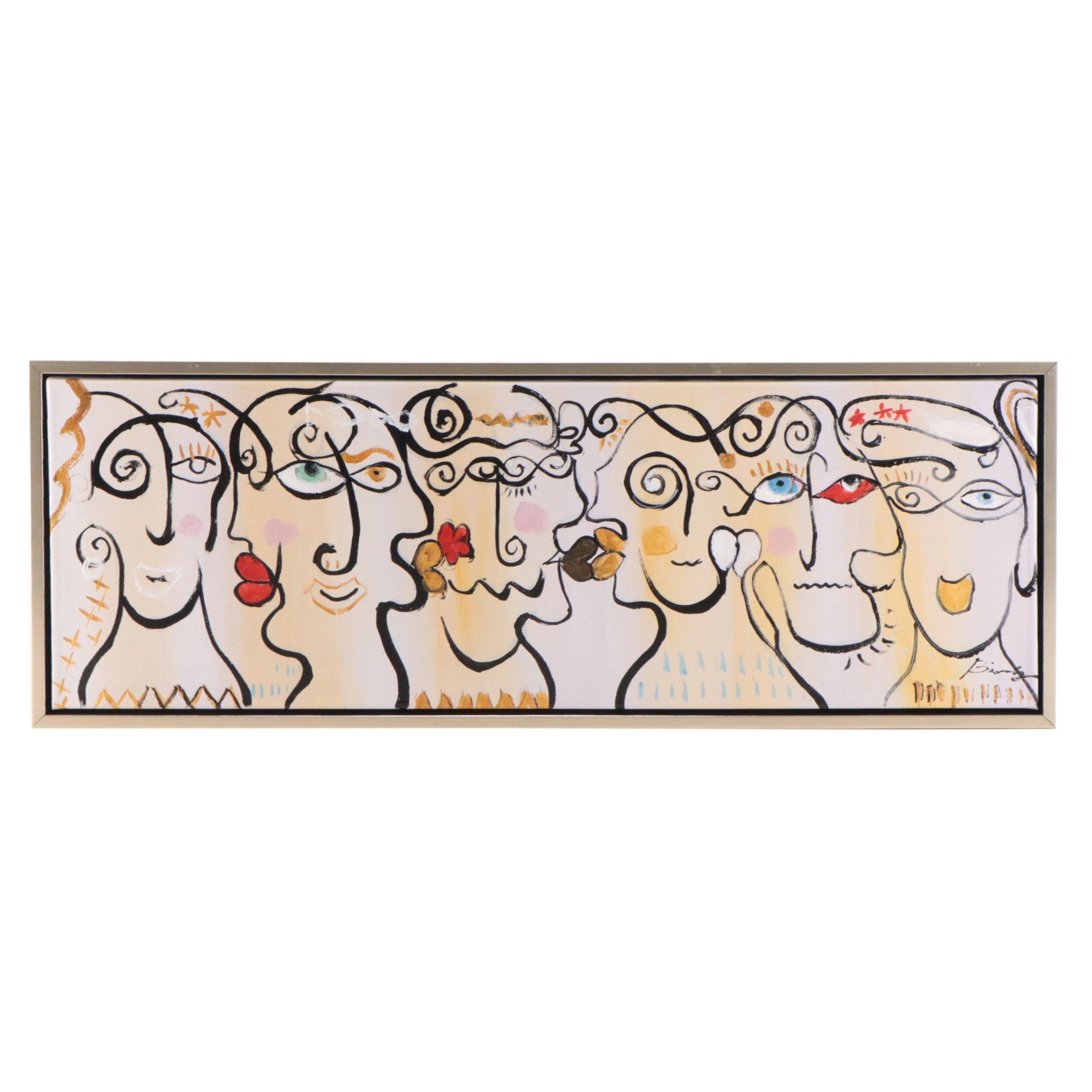 Bing Modernist Acrylic Painting of Abstract Faces