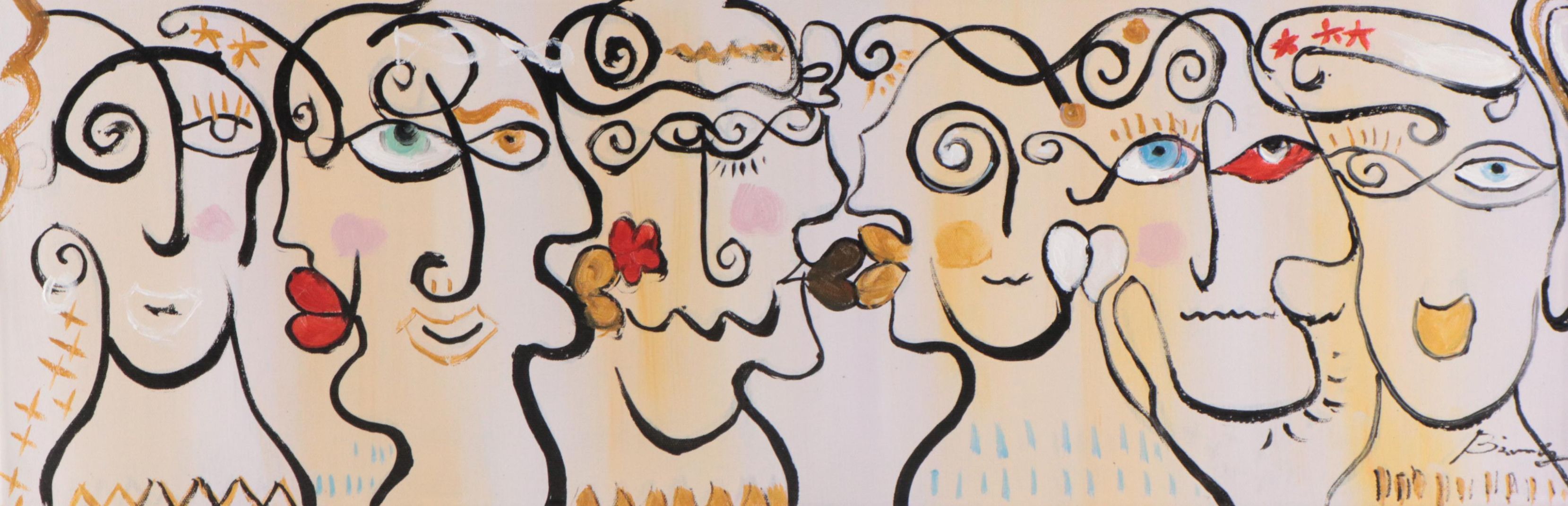 Bing Modernist Acrylic Painting of Abstract Faces