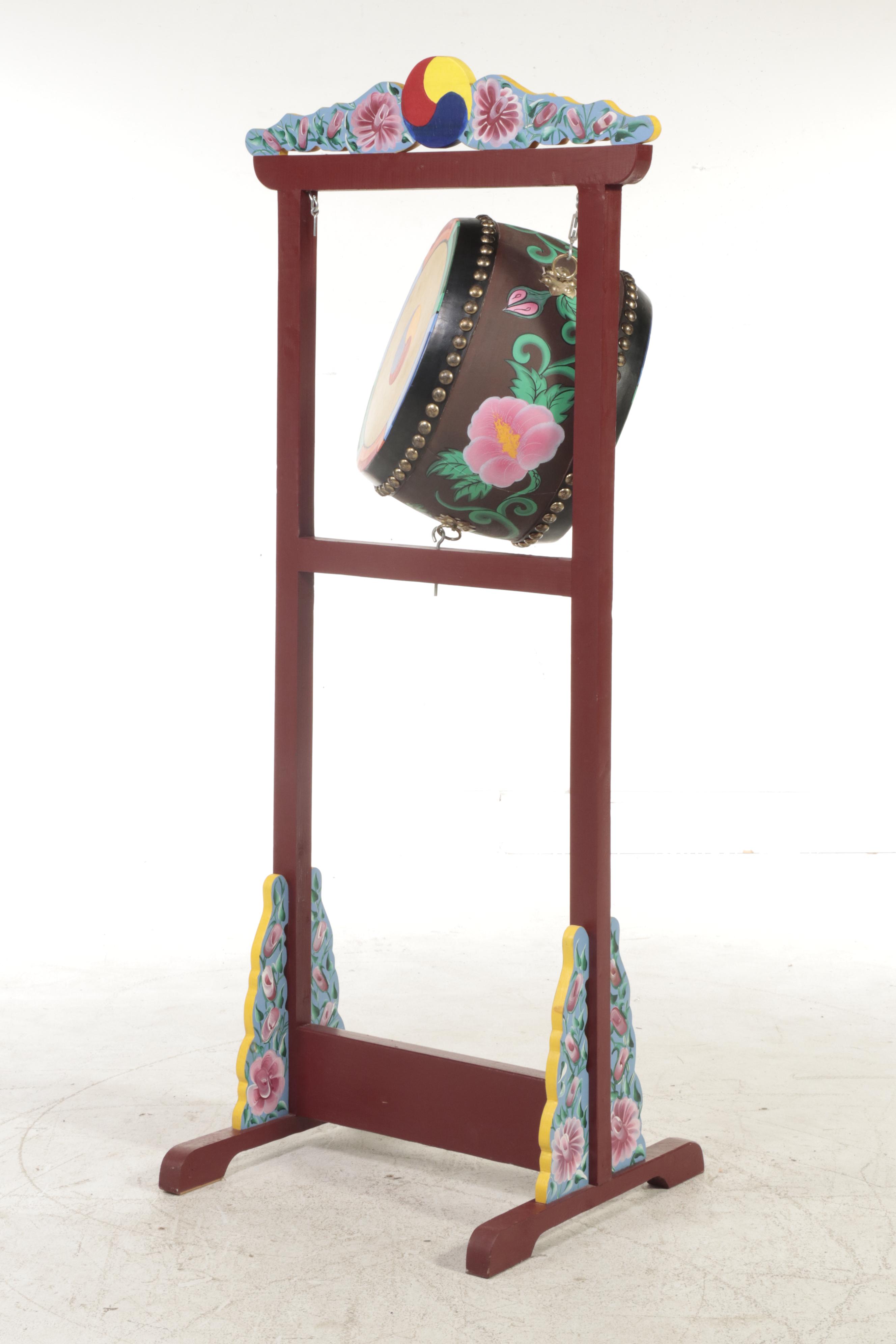 Korean Buk Drum on Polychromed Wood Stand