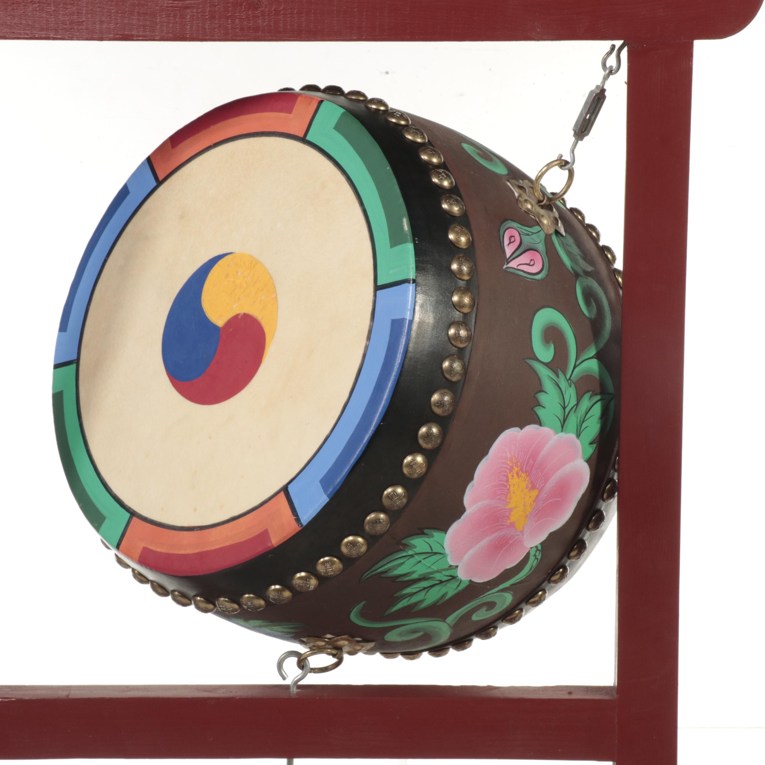 Korean Buk Drum on Polychromed Wood Stand