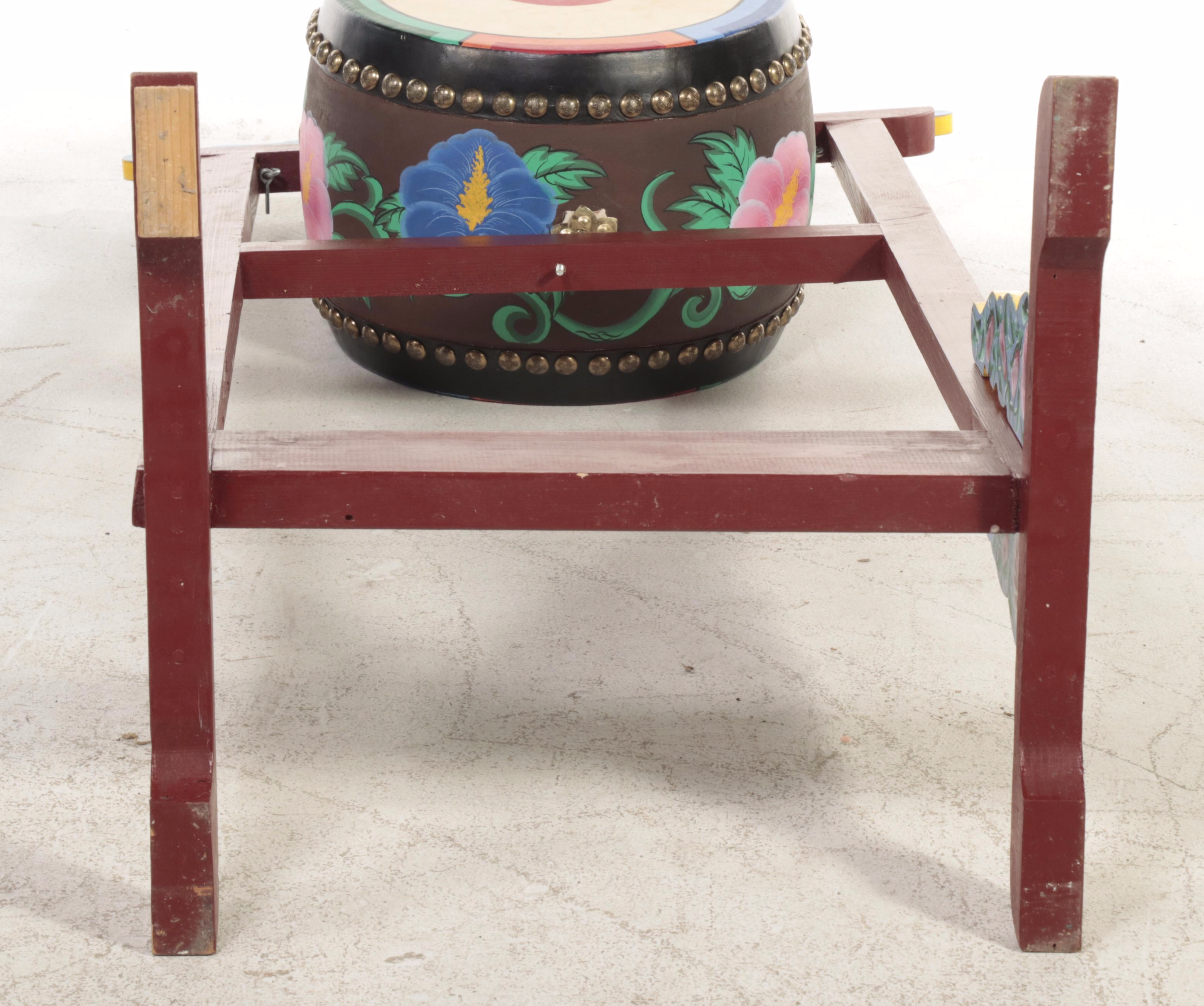 Korean Buk Drum on Polychromed Wood Stand