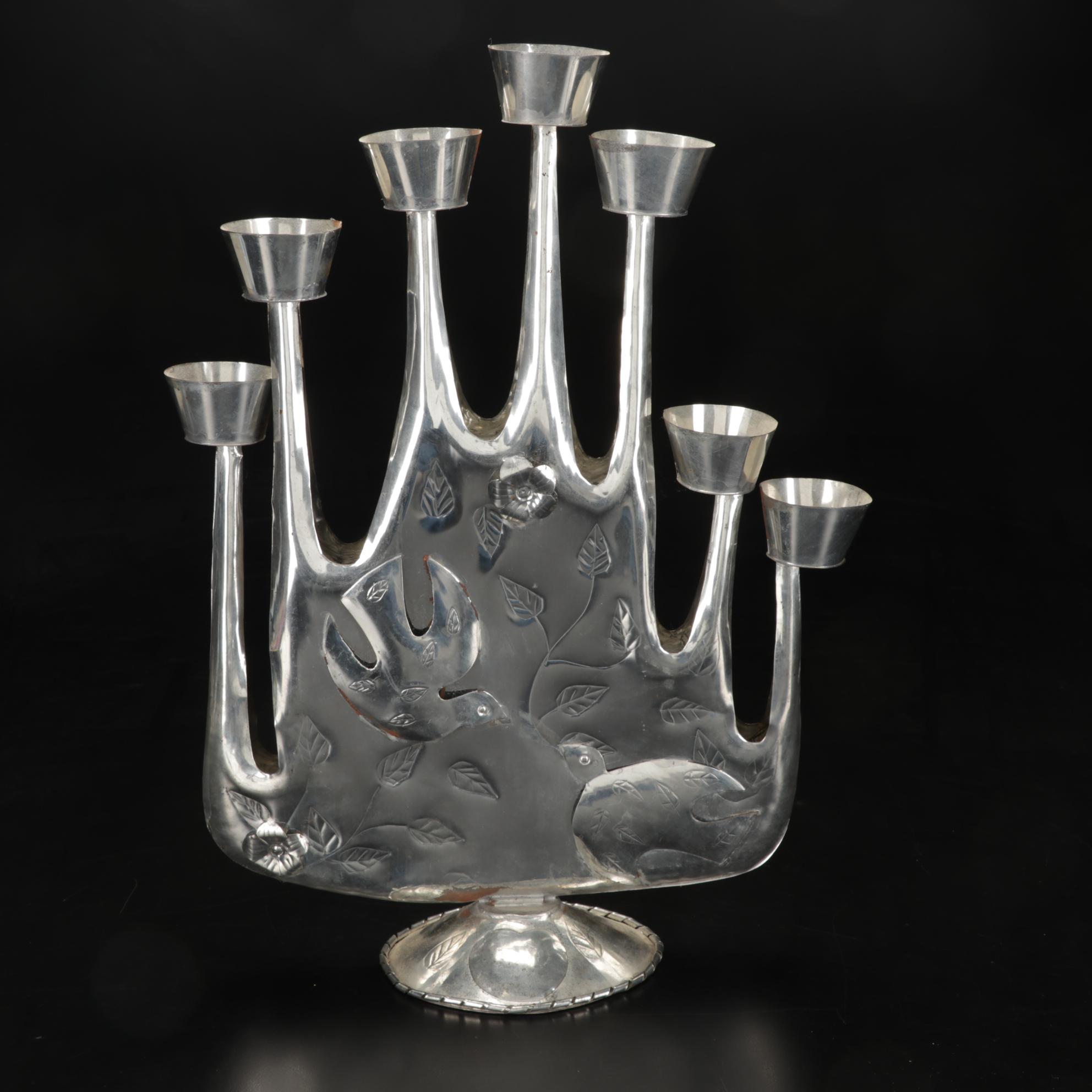 Mexican Folk Art Tin Candelabra With Dove Motif After Gene Byron