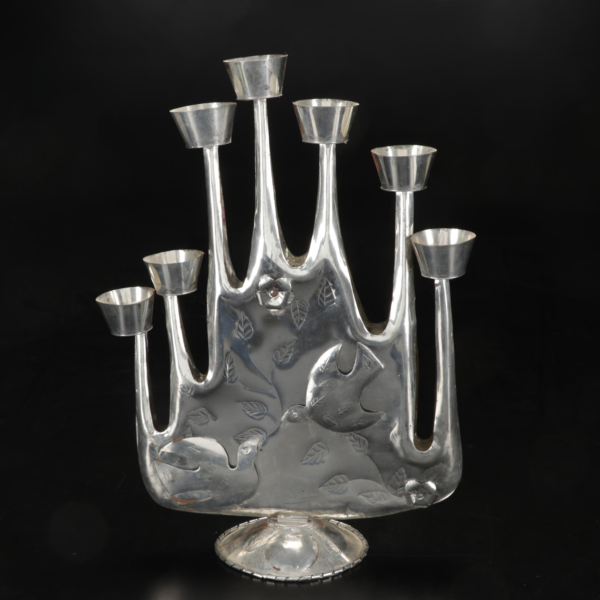 Mexican Folk Art Tin Candelabra With Dove Motif After Gene Byron