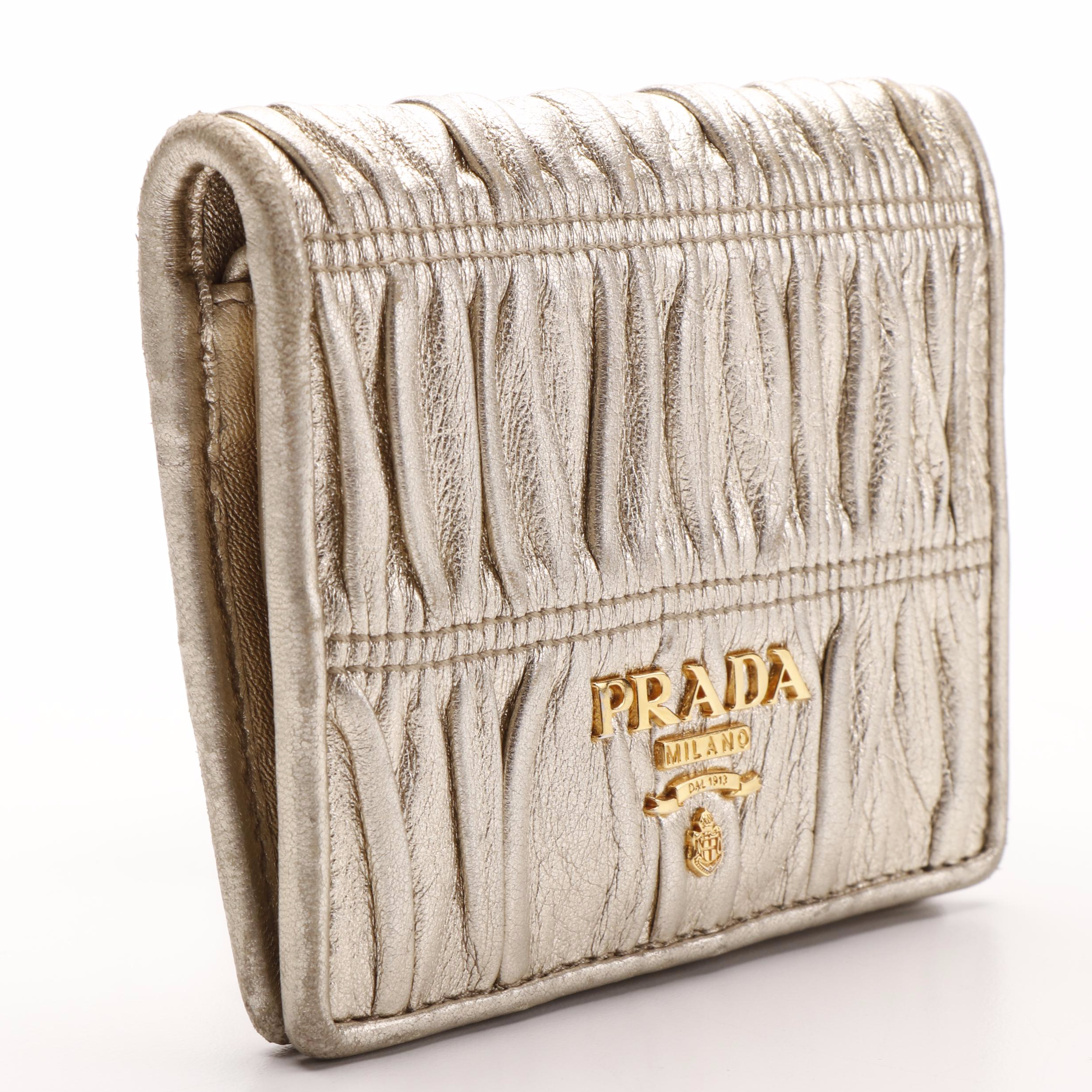 Prada Gold Metallic Leather Pleated Compact Wallet
